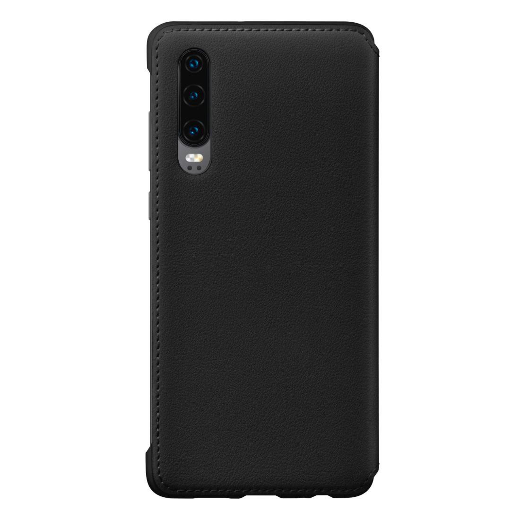 Ein schwarzes Telefon mit Dreifach-Kamera in einer schwarzen Hülle. Es ist geschlossen und zeigt die Kamera.