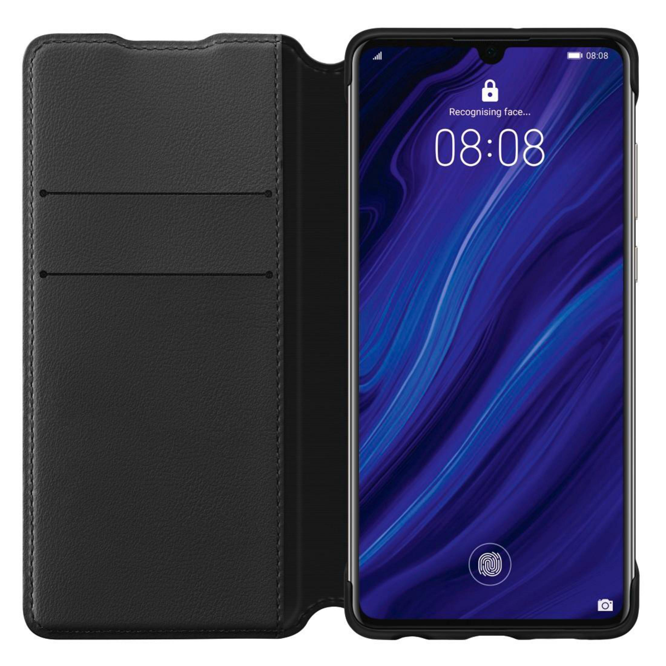 Ein Telefon in einer schwarzen Hülle, das seinen Bildschirm zeigt. Der Bildschirm zeigt einen Sperrbildschirm.