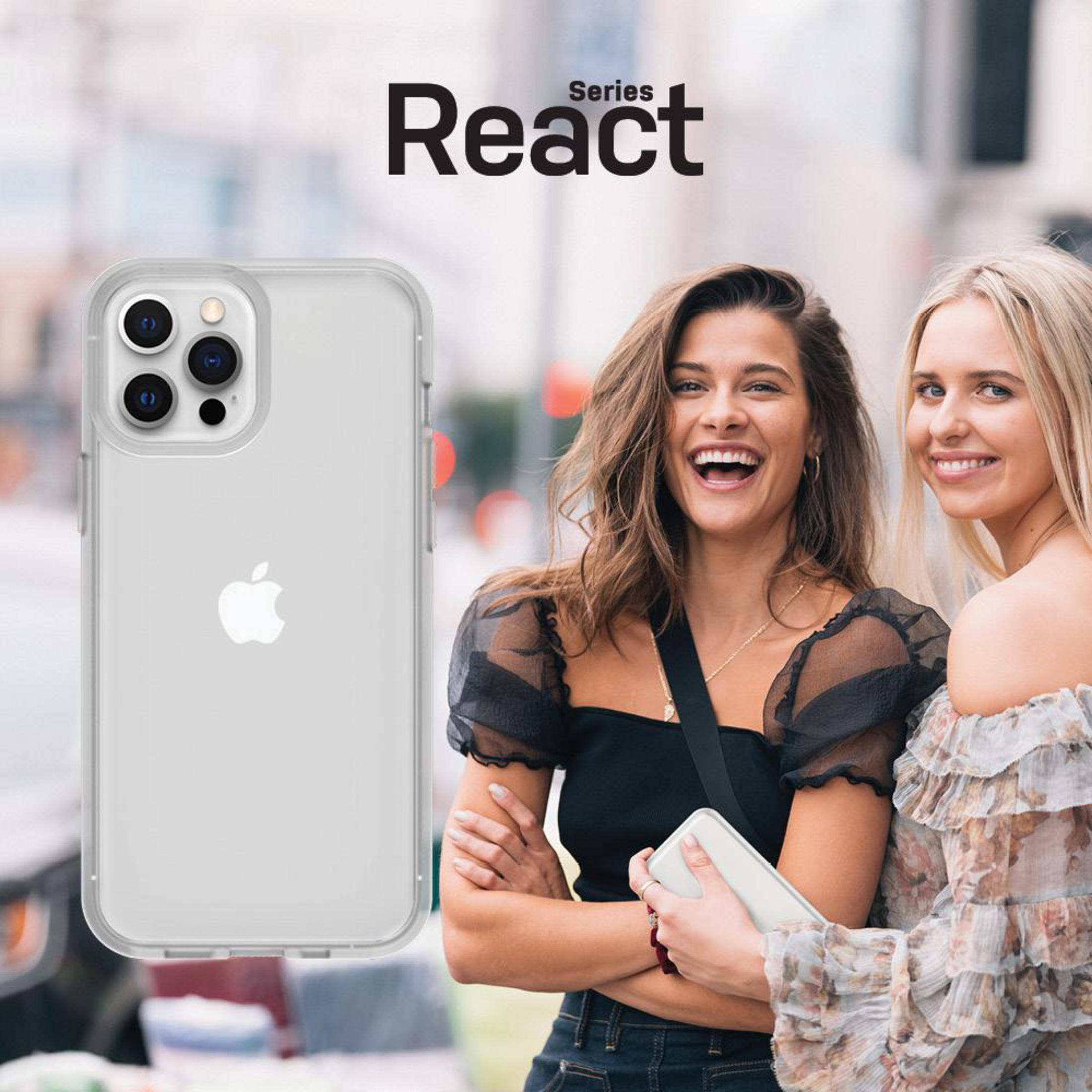Due donne sorridenti, una tiene una custodia per telefono. Sfondo: scena di strada con edificio e logo 'React Series'.