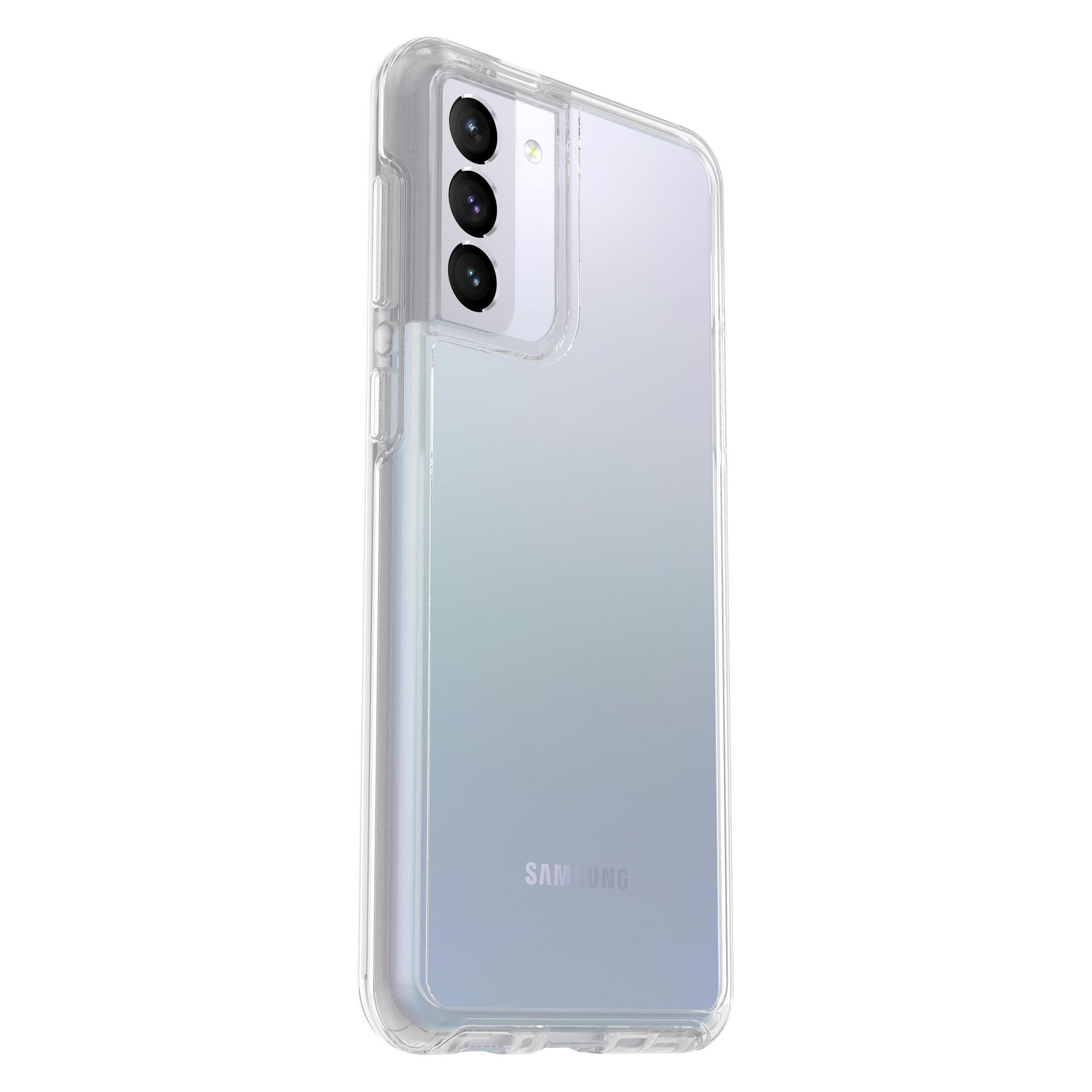 Transparente Handyhülle auf Telefon mit Dreifachkamera. Samsung Logo. Weißer Hintergrund.