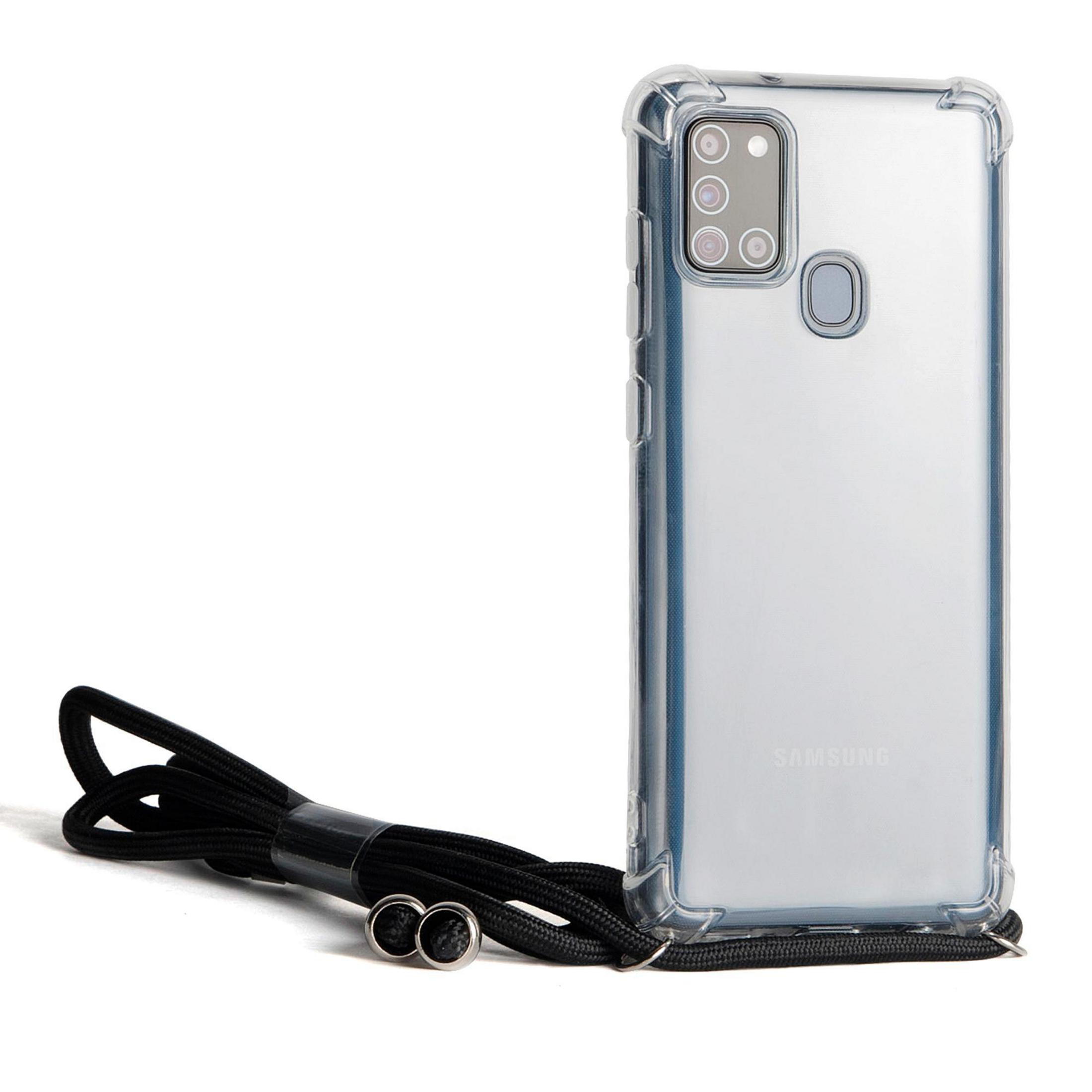 Transparente Handyhülle mit schwarzem Umhängeband. Telefon weiß, auf weißem Grund.