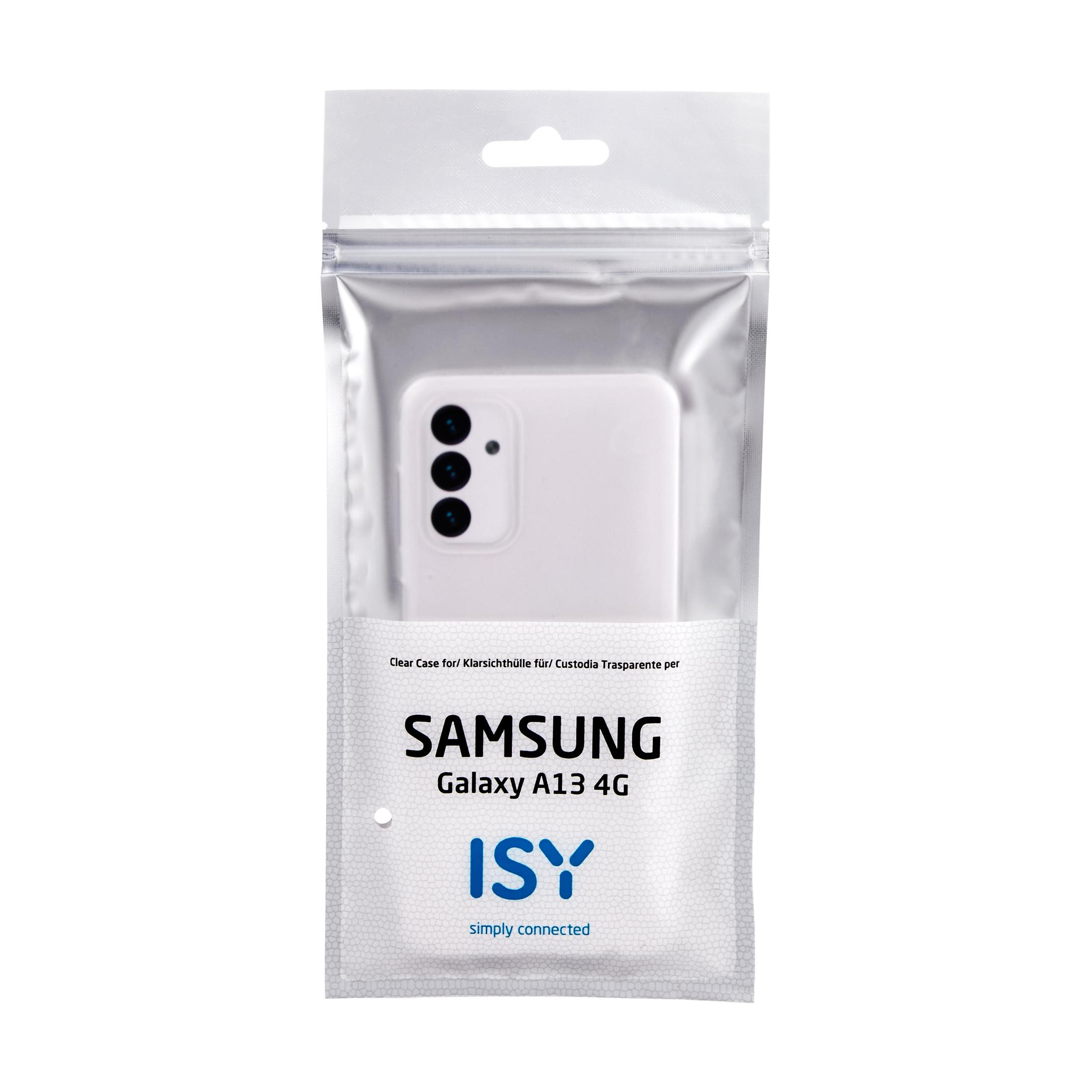 Ein versiegelter Plastikbeutel mit einer weißen Samsung Galaxy A13 4G Handyhülle, mit dem Markenlogo.