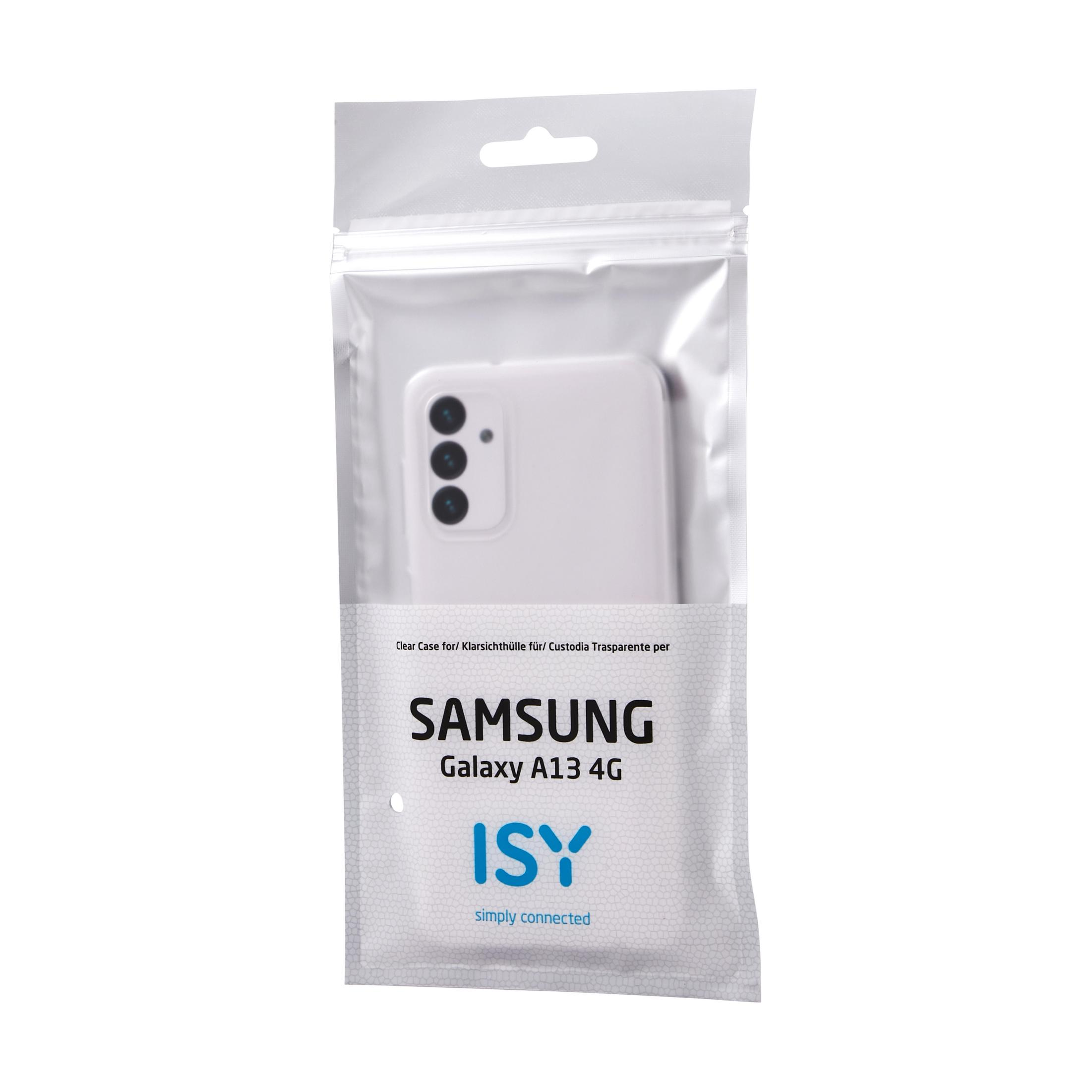 Weiße Handyhülle in einer Plastiktüte. Die Tasche enthält den Text "SAMSUNG Galaxy A13 4G".