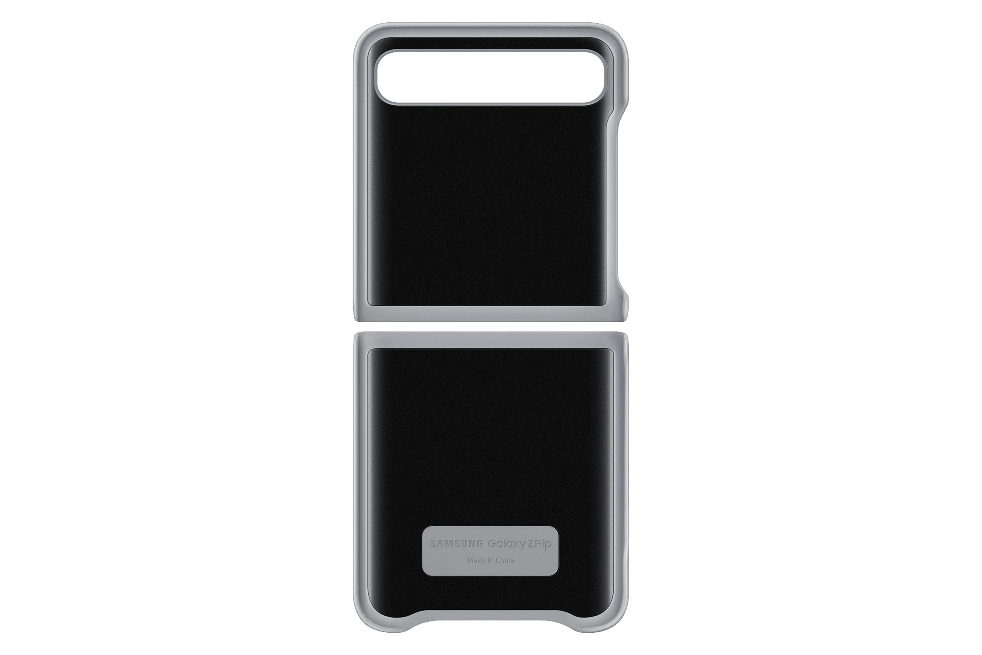 Schwarze und silberne Handyhülle, offen. Die Samsung Galaxy Z Flip Hülle wird angezeigt.