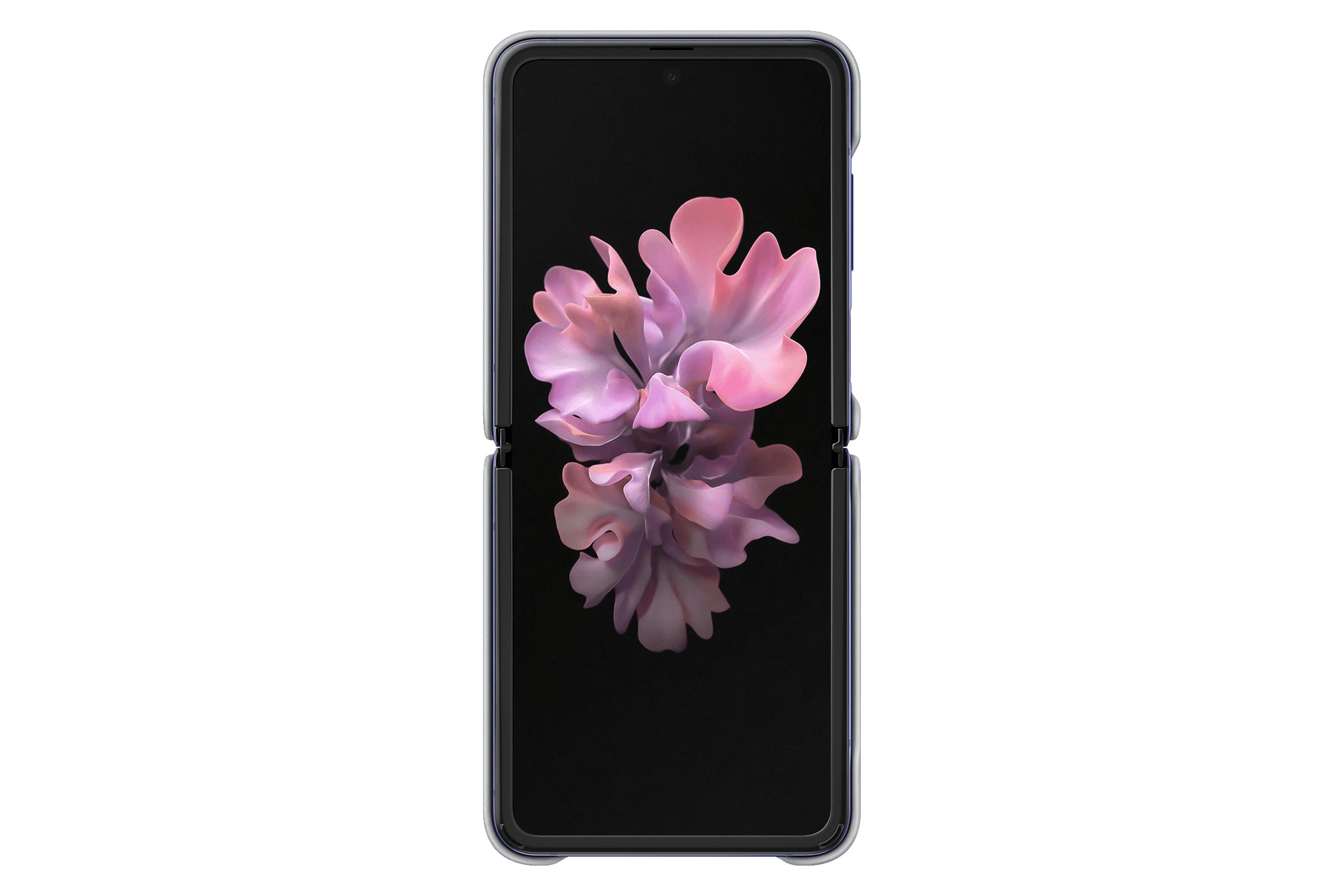 Faltbares Telefon mit Blumen-Hintergrund. Weißer Hintergrund.