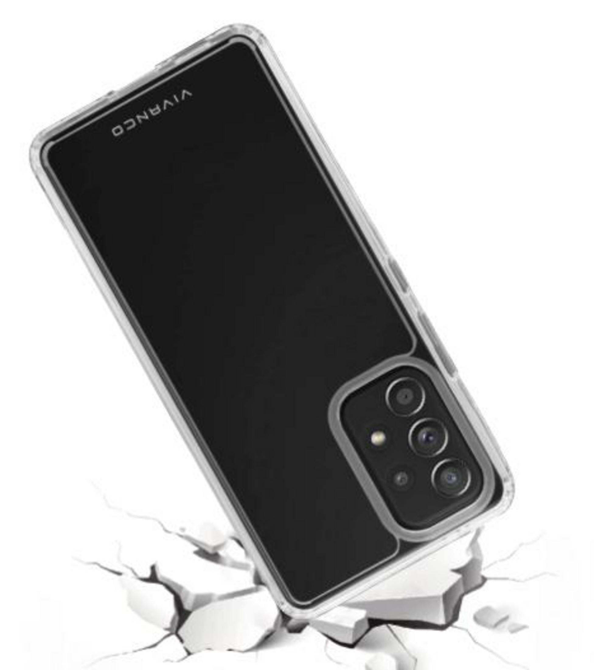 Custodia trasparente con telefono nero, terreno crepato sotto. La custodia ha la scritta VIVANCO.