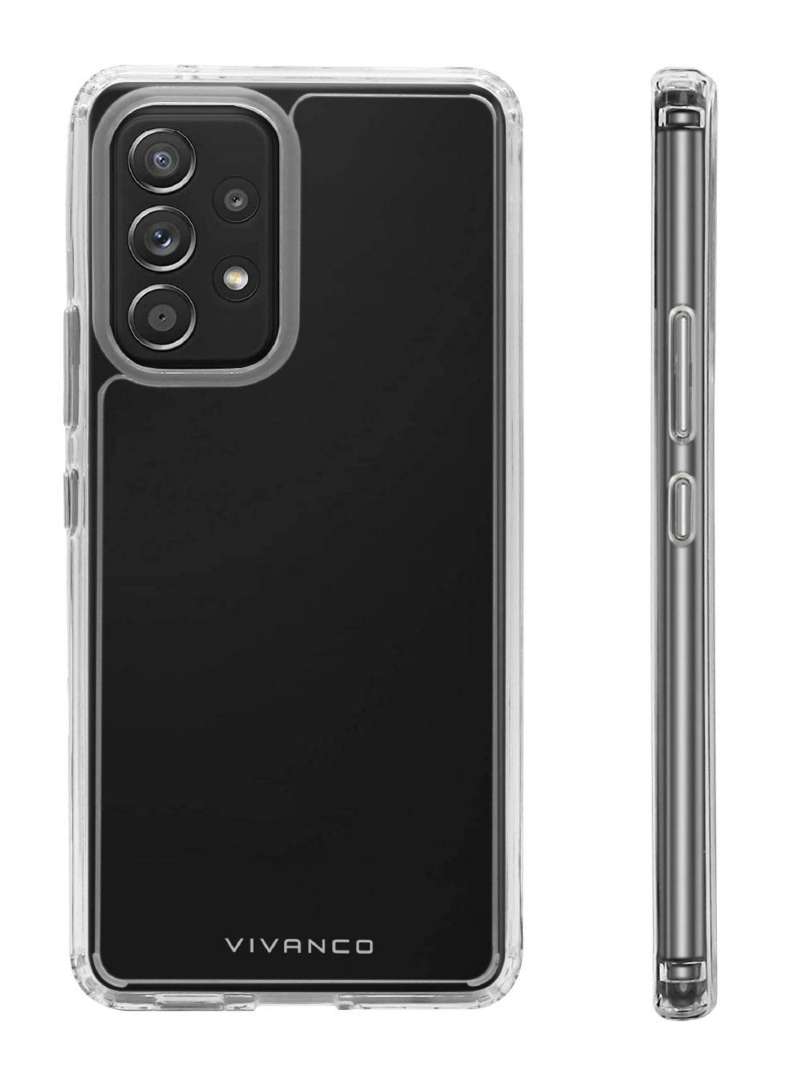 Custodia nera per telefono con tre fotocamere. La custodia è trasparente.