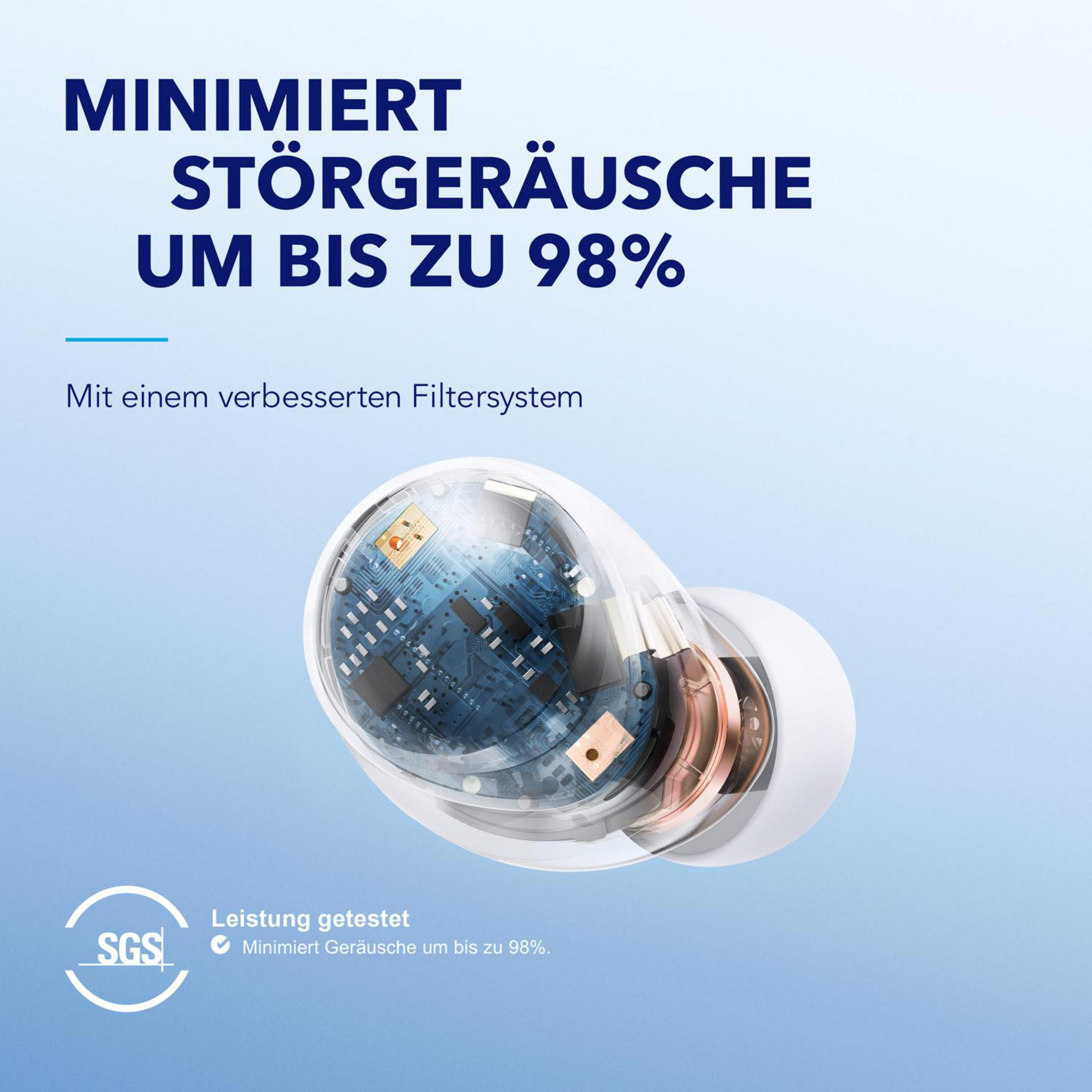 Ohrhörer mit Text zur Geräuschreduzierung. Blauer und weißer Hintergrund. Transparente Elemente.