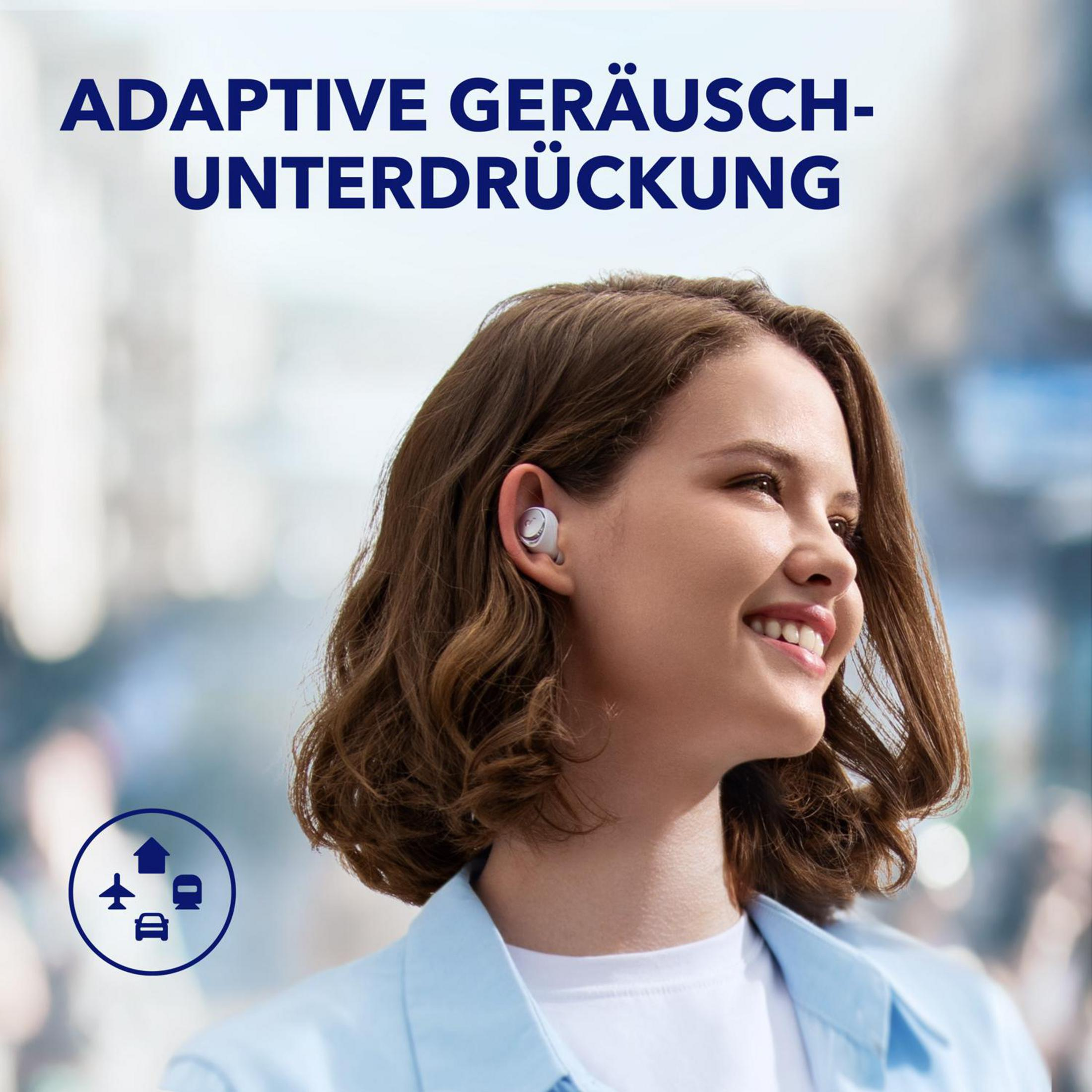 Frau mit Ohrhörern, Text: Adaptive Geräuschunterdrückung und Symbole.