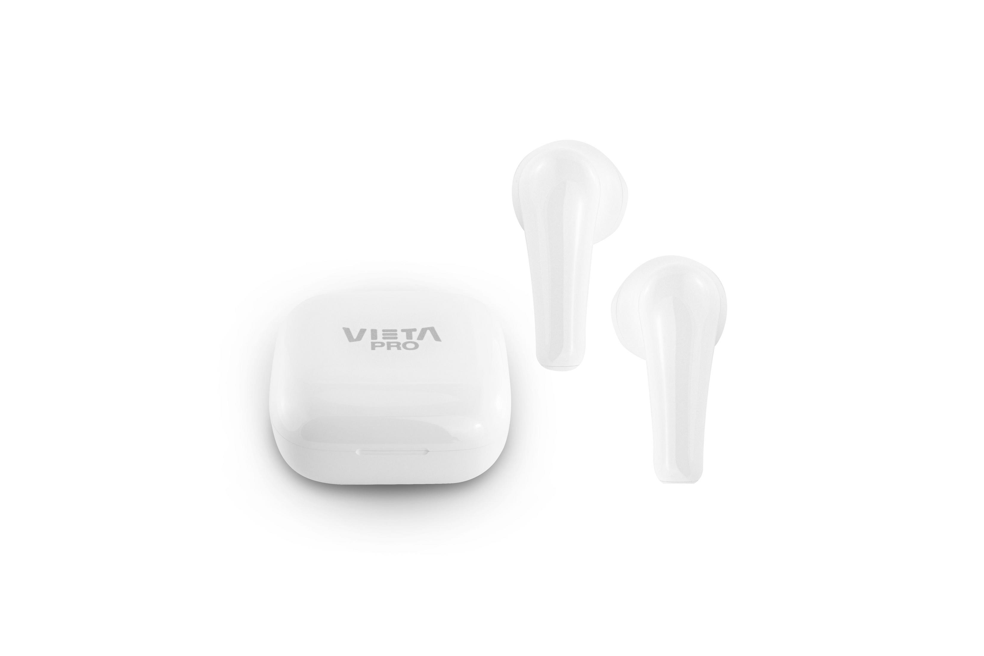 White wireless earbuds and a charging case. The case has the text "VIETA PRO" on it. White background.
