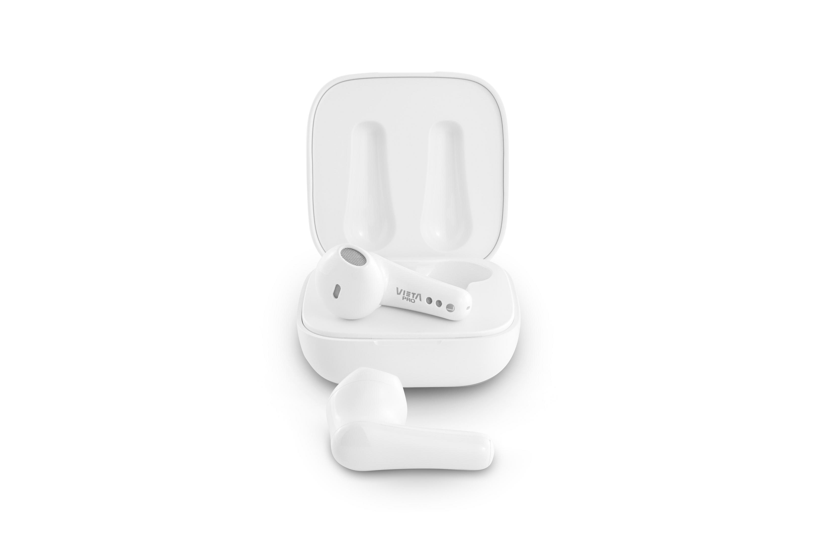 White wireless earbuds in a case, one earbud is out. White background.