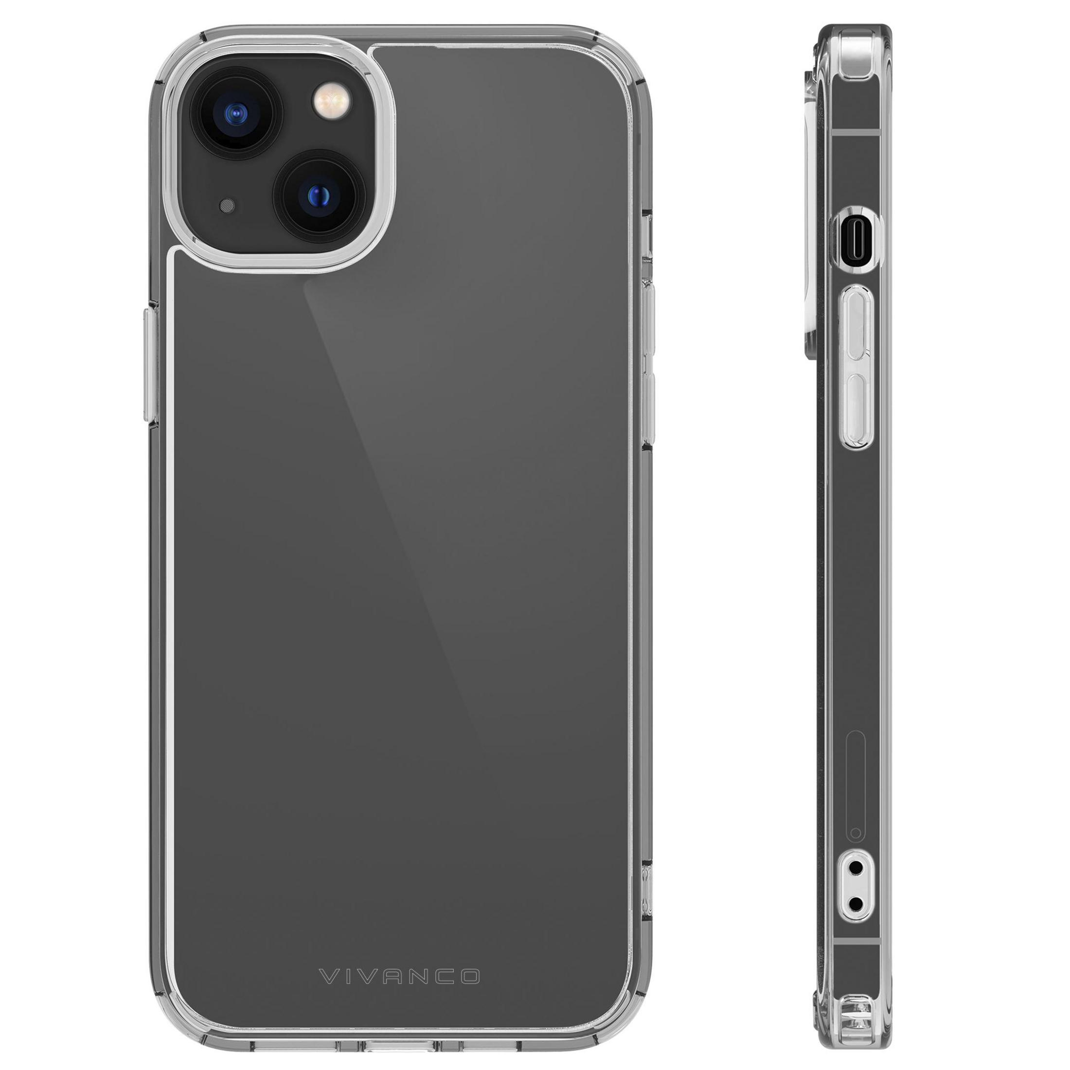 Custodia trasparente con smartphone. Ha ritagli per la fotocamera.