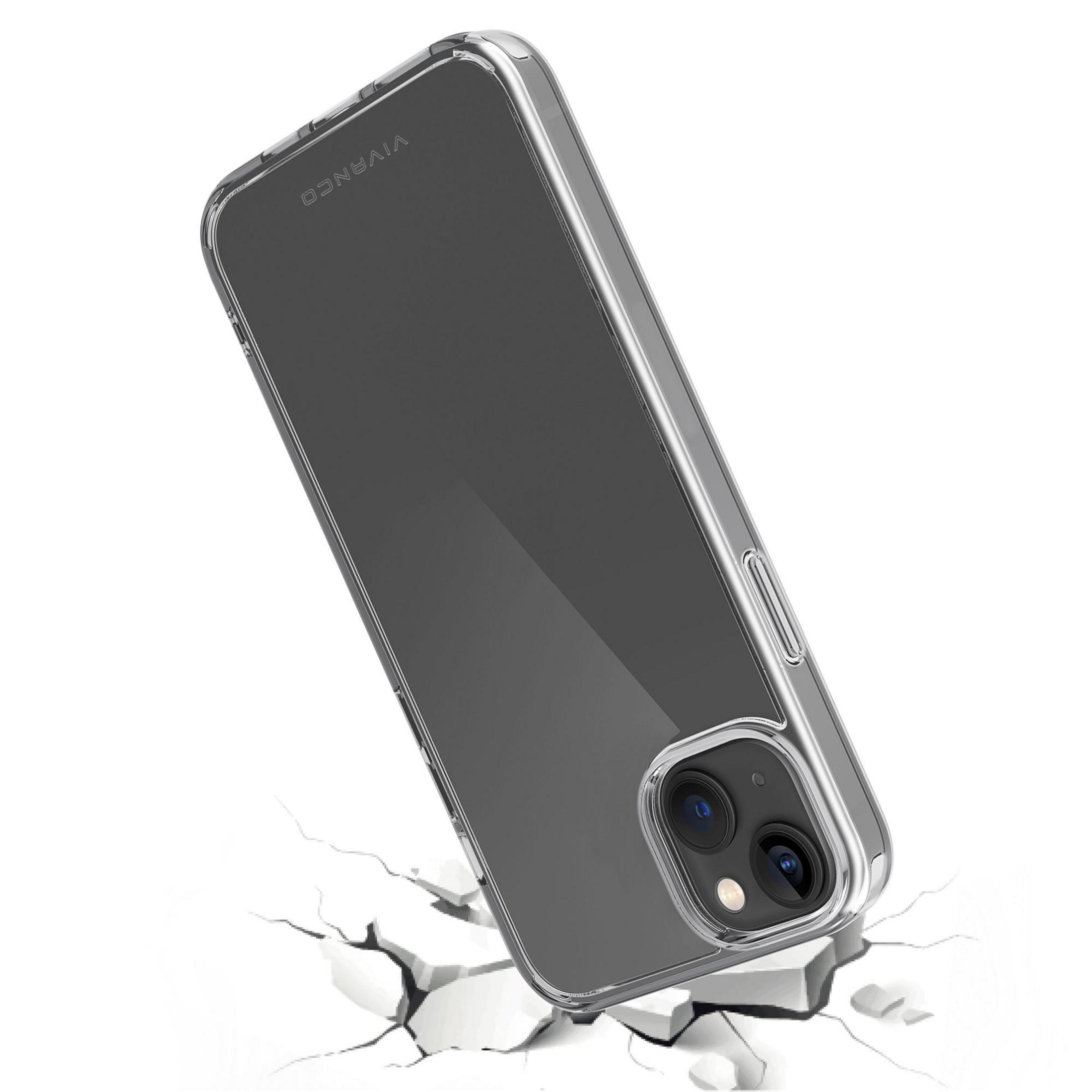 Un telefono in una custodia trasparente, leggermente inclinato, con una superficie rotta sotto. Sfondo bianco.