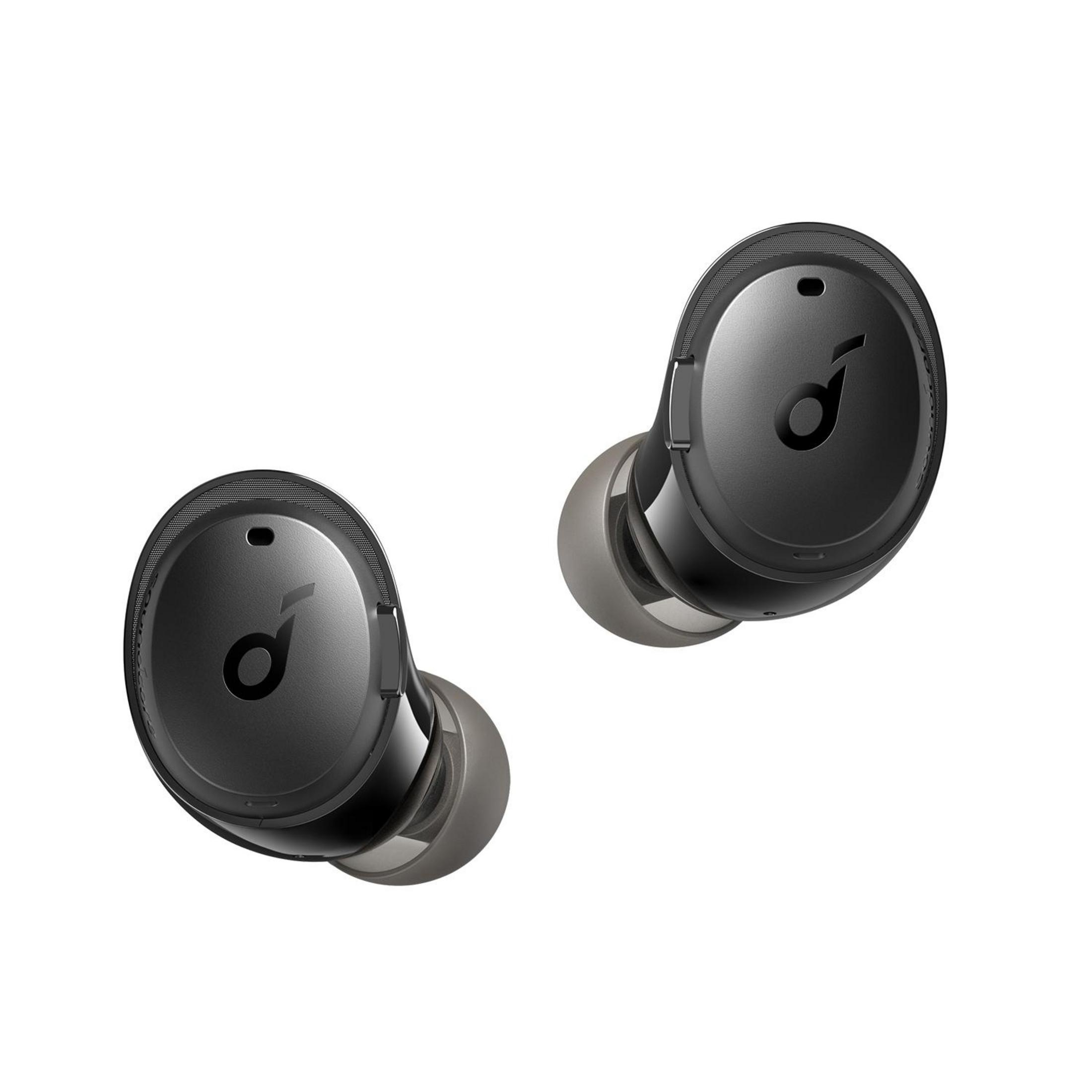 Dos auriculares inalámbricos negros con el logotipo de Anker, aislados sobre fondo blanco.