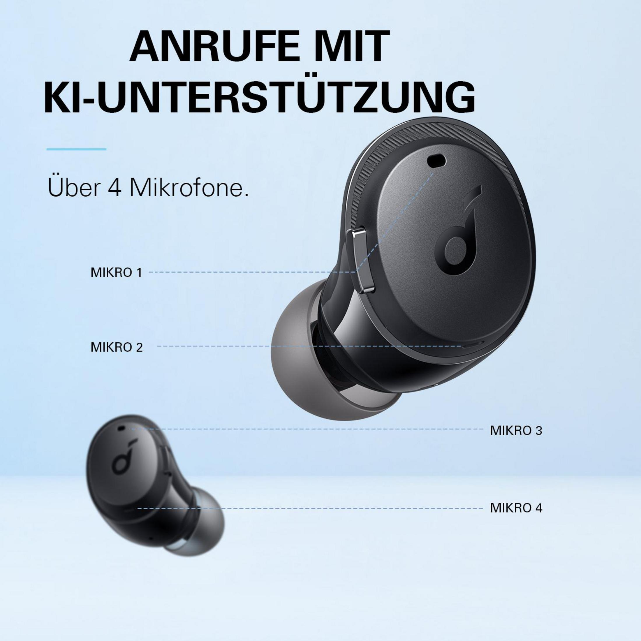 Auriculares con texto sobre llamadas con IA y diagramas mostrando ubicaciones de micrófonos.