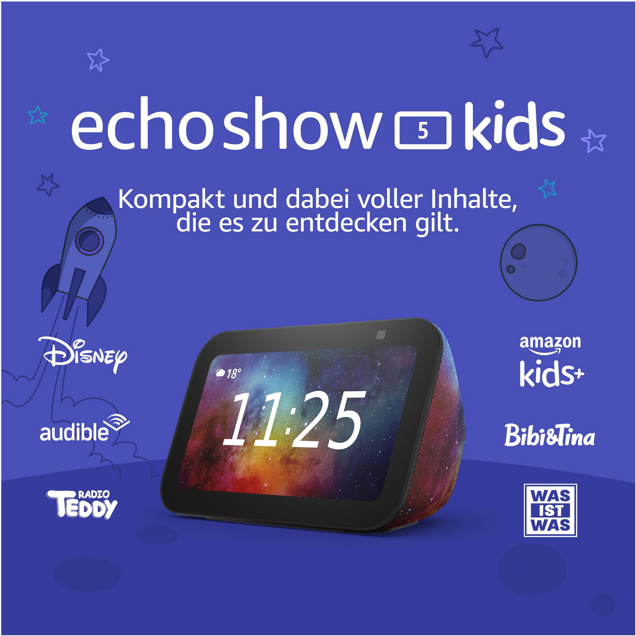 Ekran Echo Show dla dzieci wyświetlający godzinę oraz loga Disneya, Amazona i innych marek. Fioletowe tło.