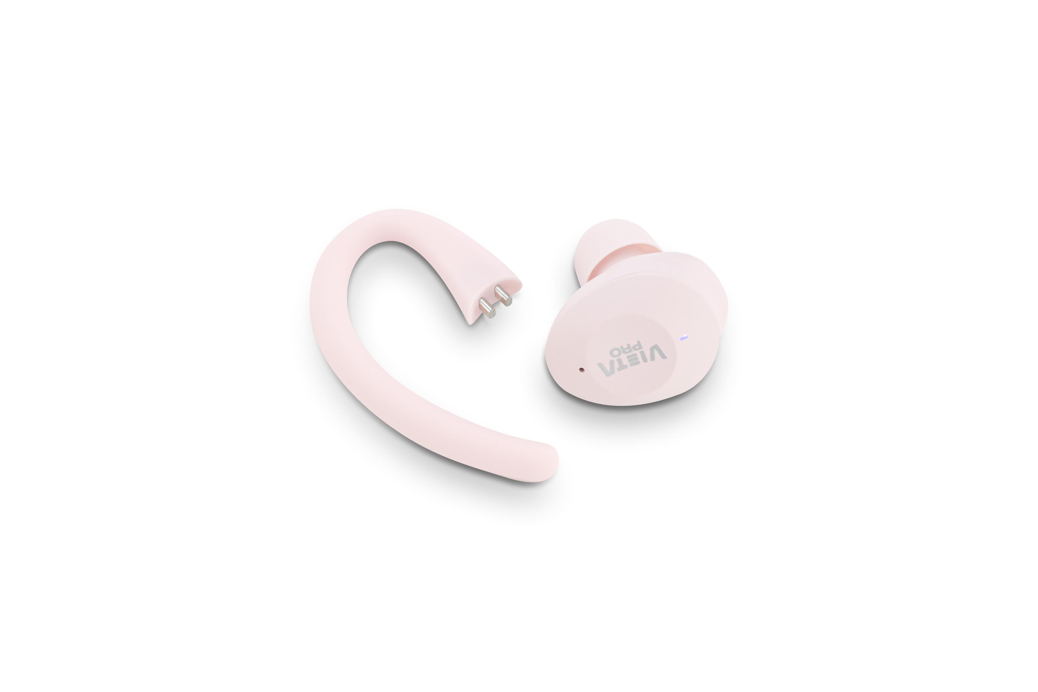 Auricolare wireless rosa e gancio per l'orecchio su una superficie bianca.