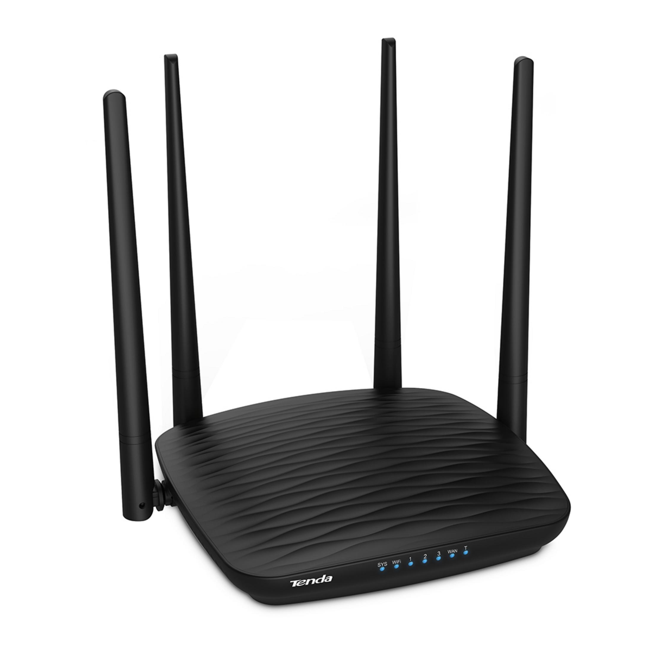 Dört antenli siyah WiFi yönlendirici, beyaz zemin üzerinde izole edildi. Işıklar ve Tenda kelimesi.