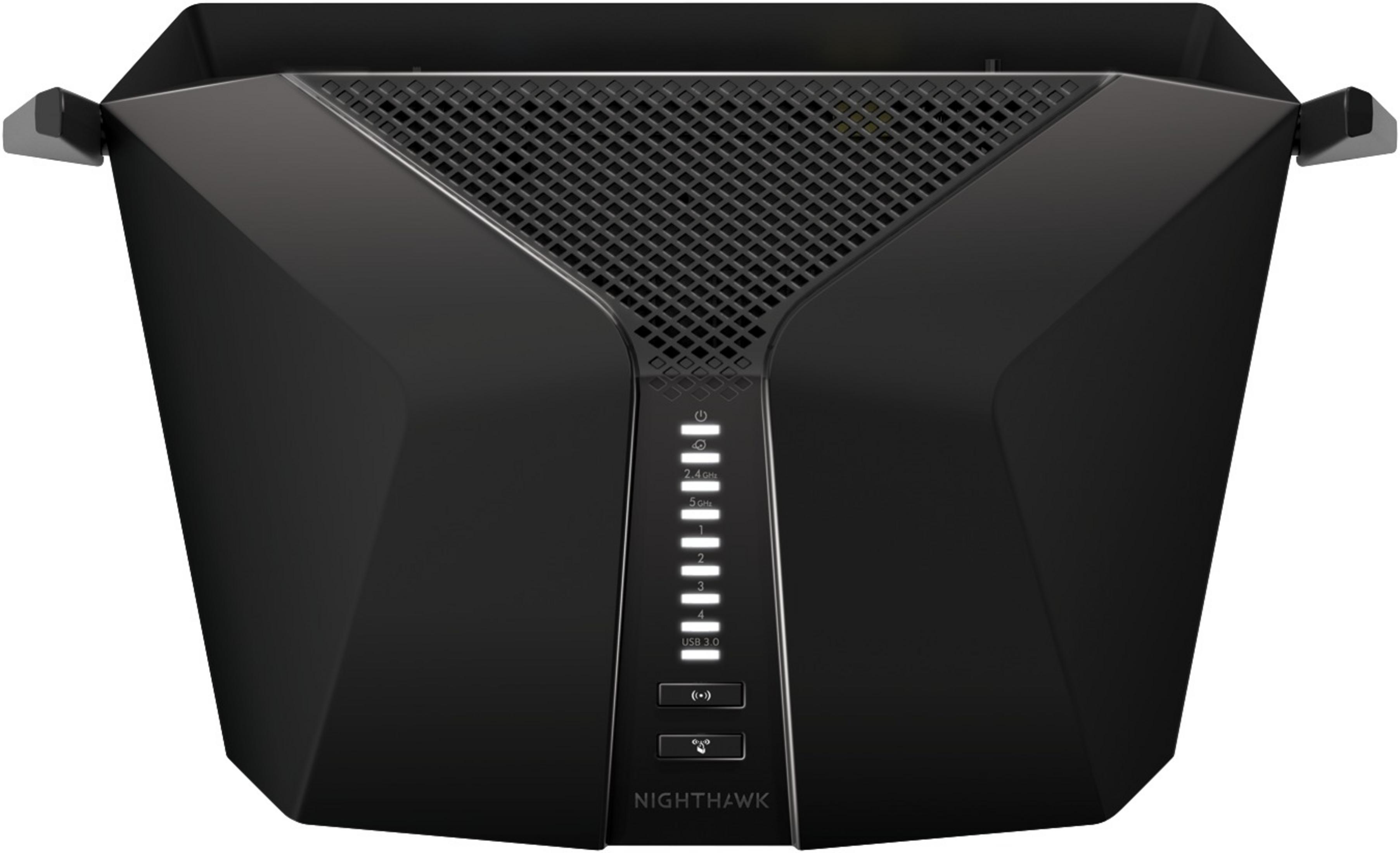 Czarny router Nighthawk ze świecącymi się światłami, pokazujący wskaźniki zasilania i USB 3.0. Anteny znajdują się po bokach.