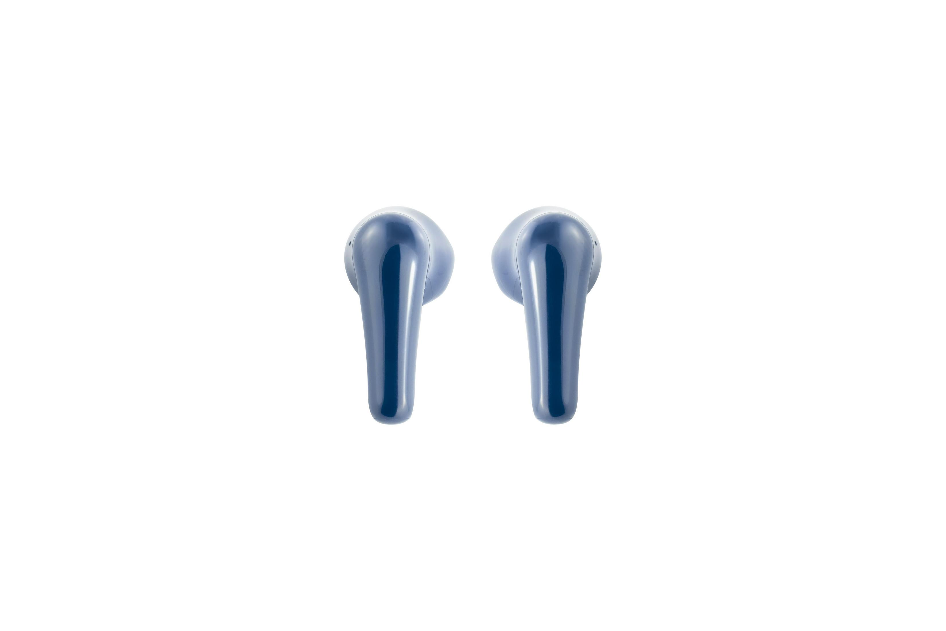 Two blue wireless earbuds on a white background. The earbuds are facing the viewer.