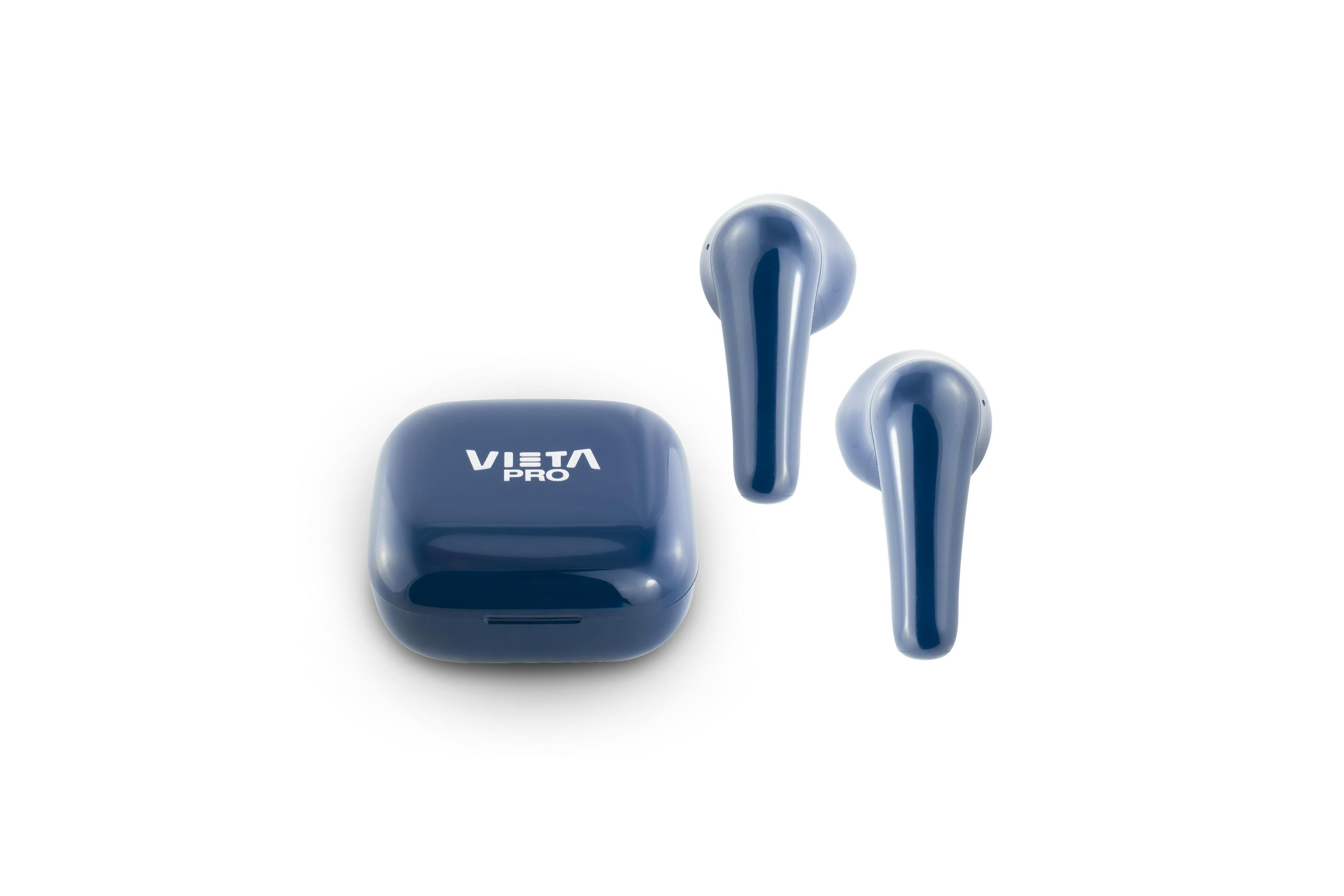Blue wireless earbuds and charging case, arranged on a white background. The case has the words VISTA PRO on it.