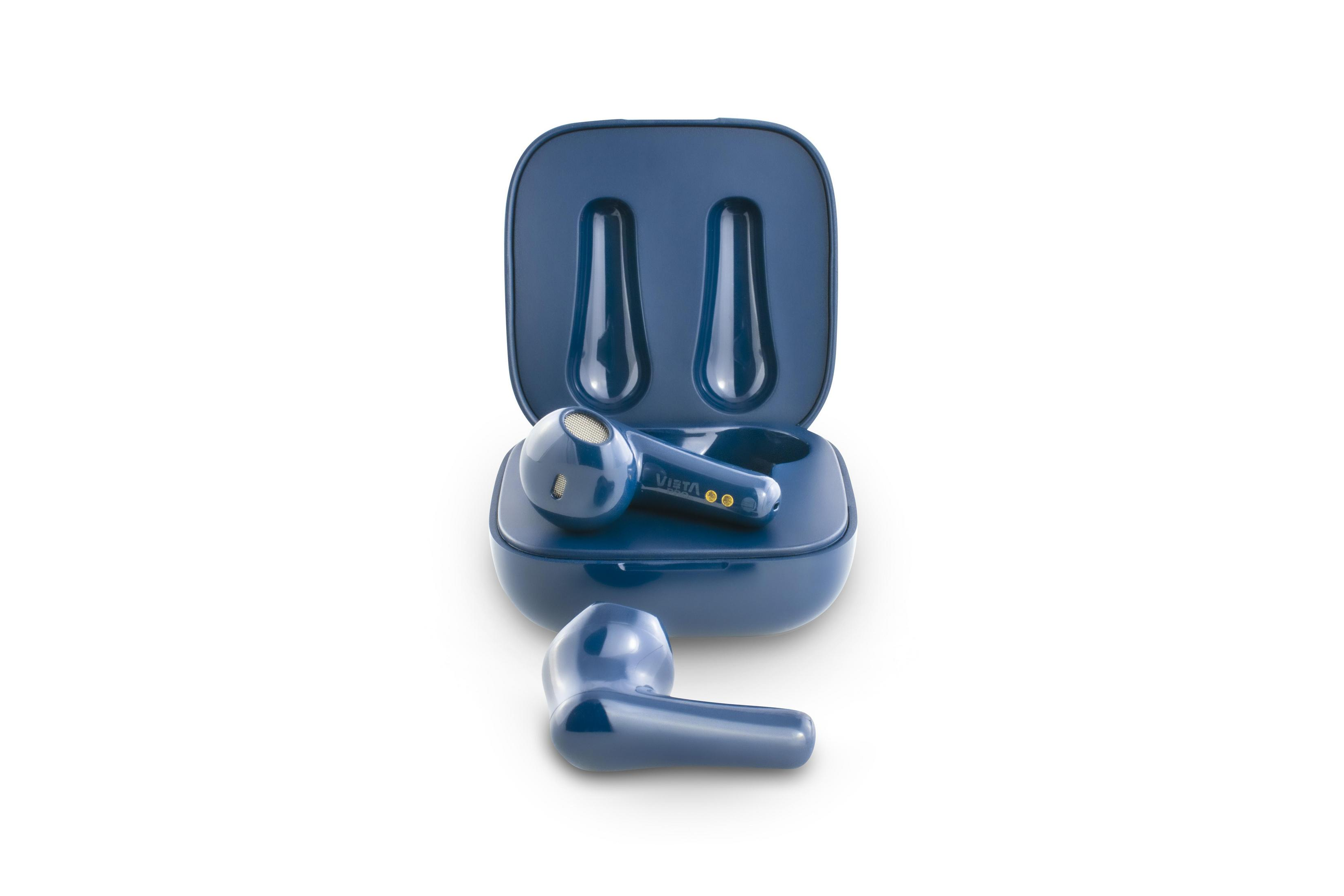 Blue wireless earbuds in their charging case, one earbud is outside of the case.