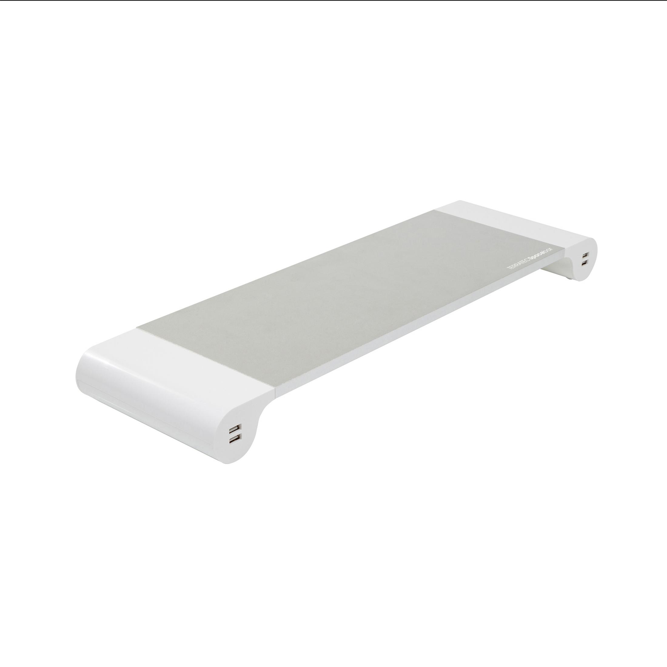 Witte en grijze bureaustandaard met USB-poorten. Witte achtergrond.