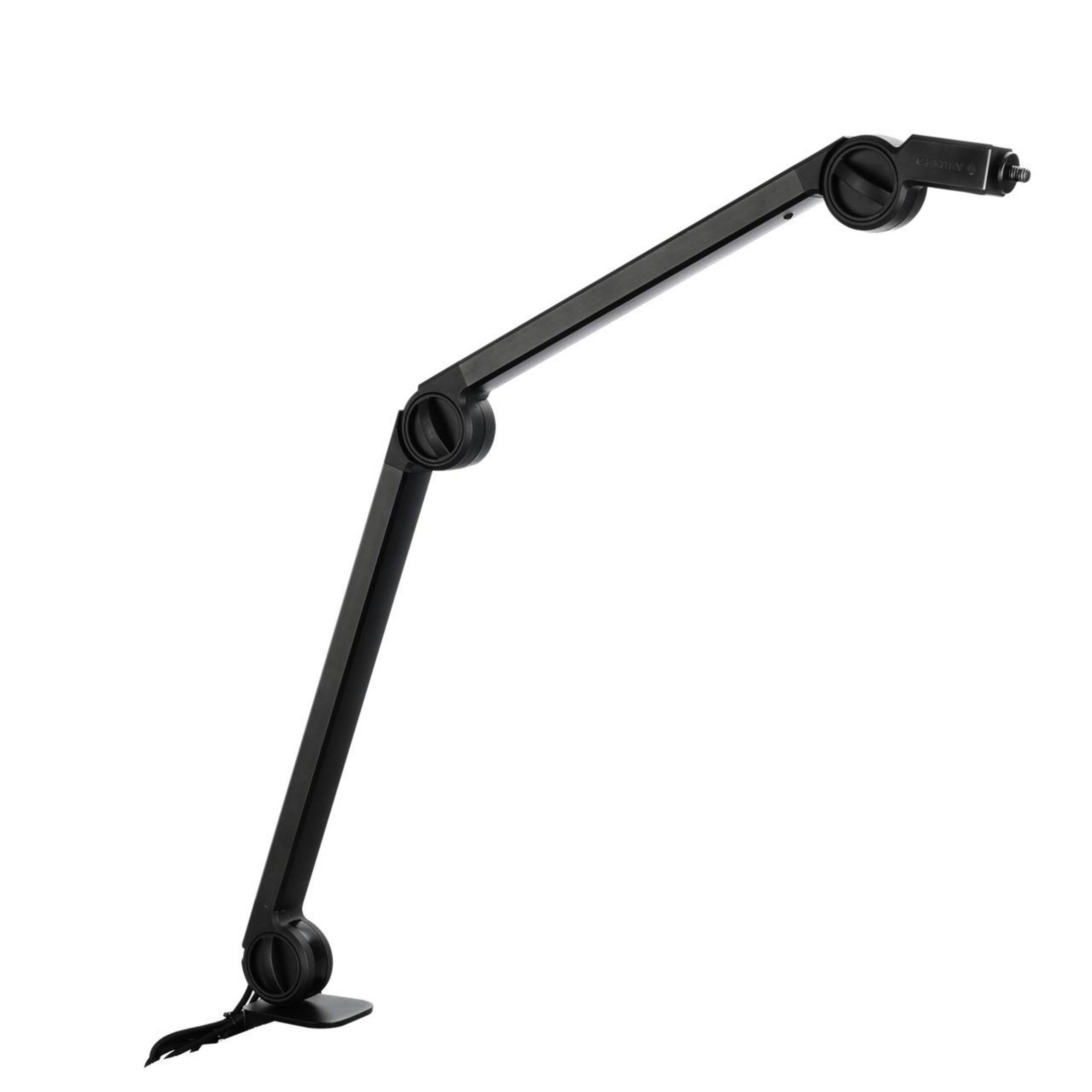 Bras de microphone noir réglable, monté sur une base. Conception articulée.