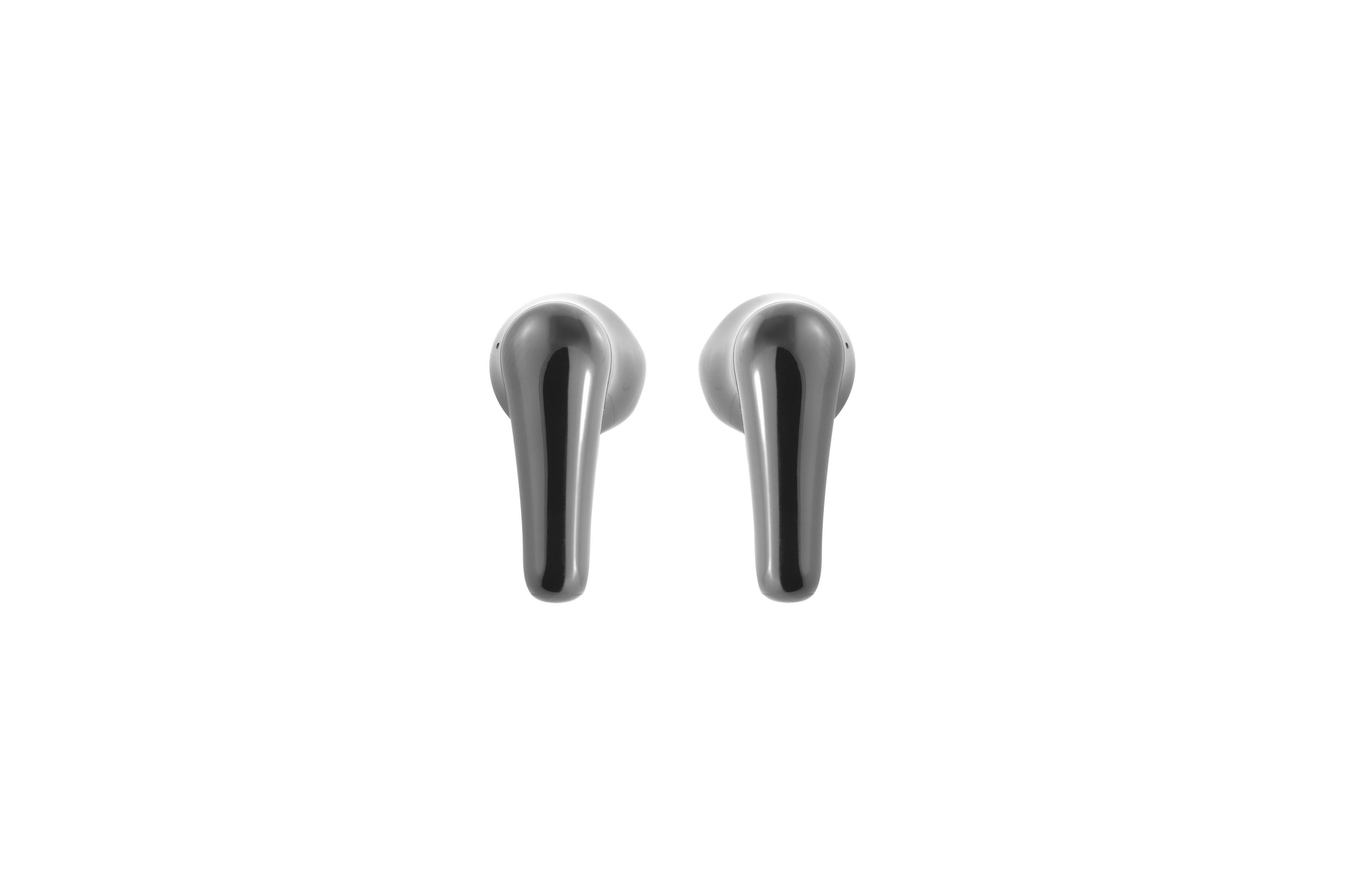 Pair of gray earbuds. Sleek design. Placed against a white background.  No other objects.