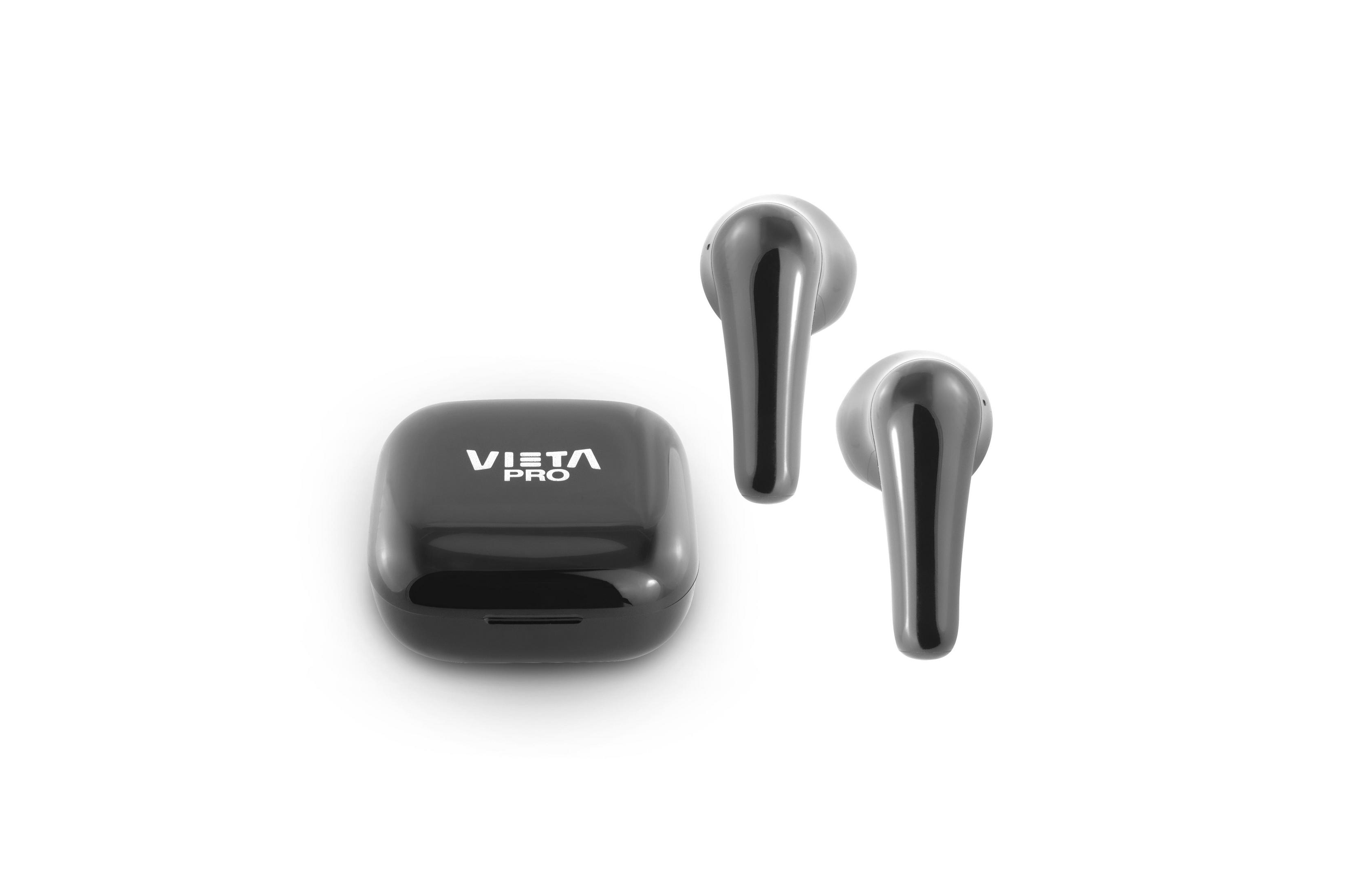 Black earbuds and charging case set on a white surface. The case has white text.