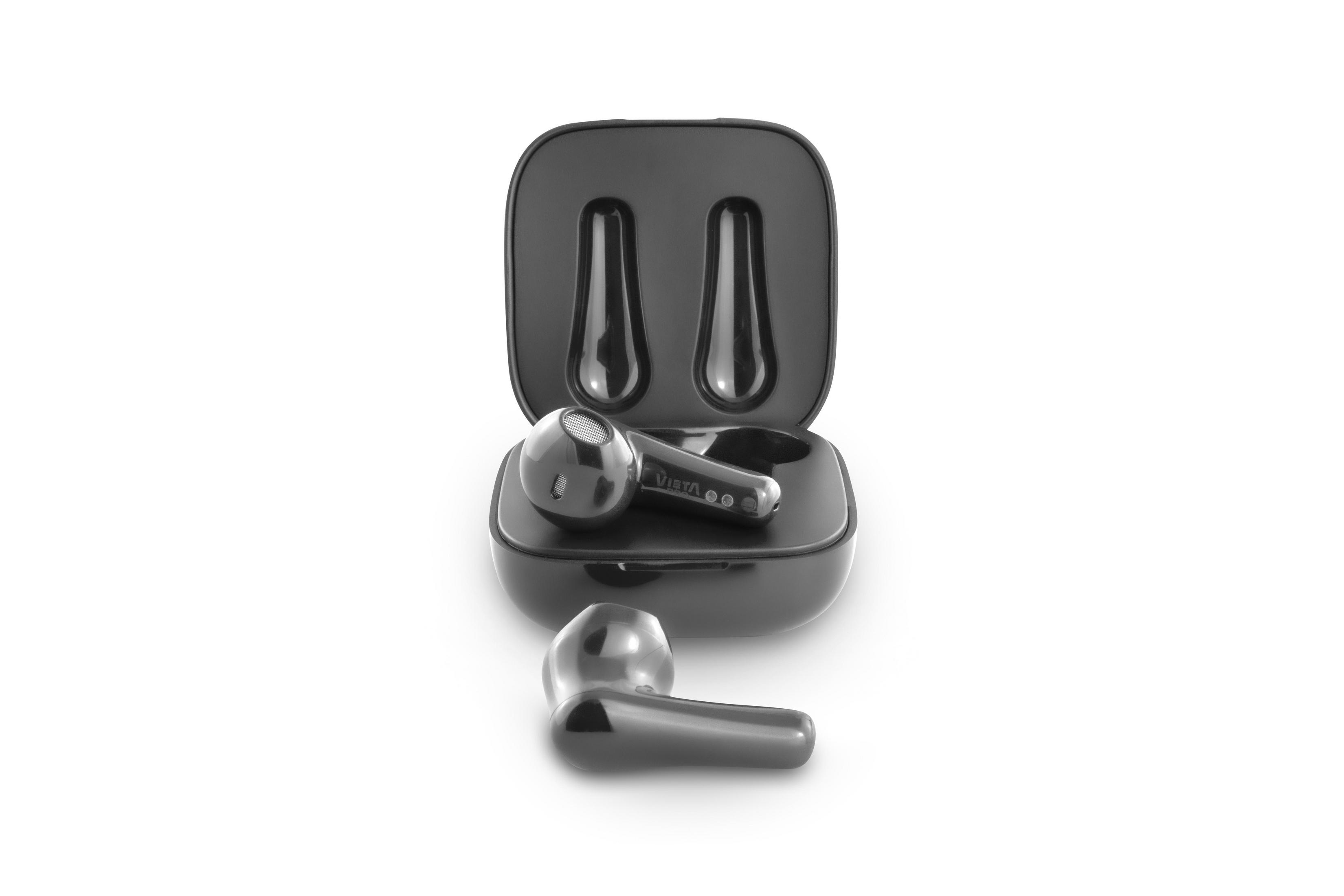 Two black earbuds, one in a charging case, one outside. The case is open.