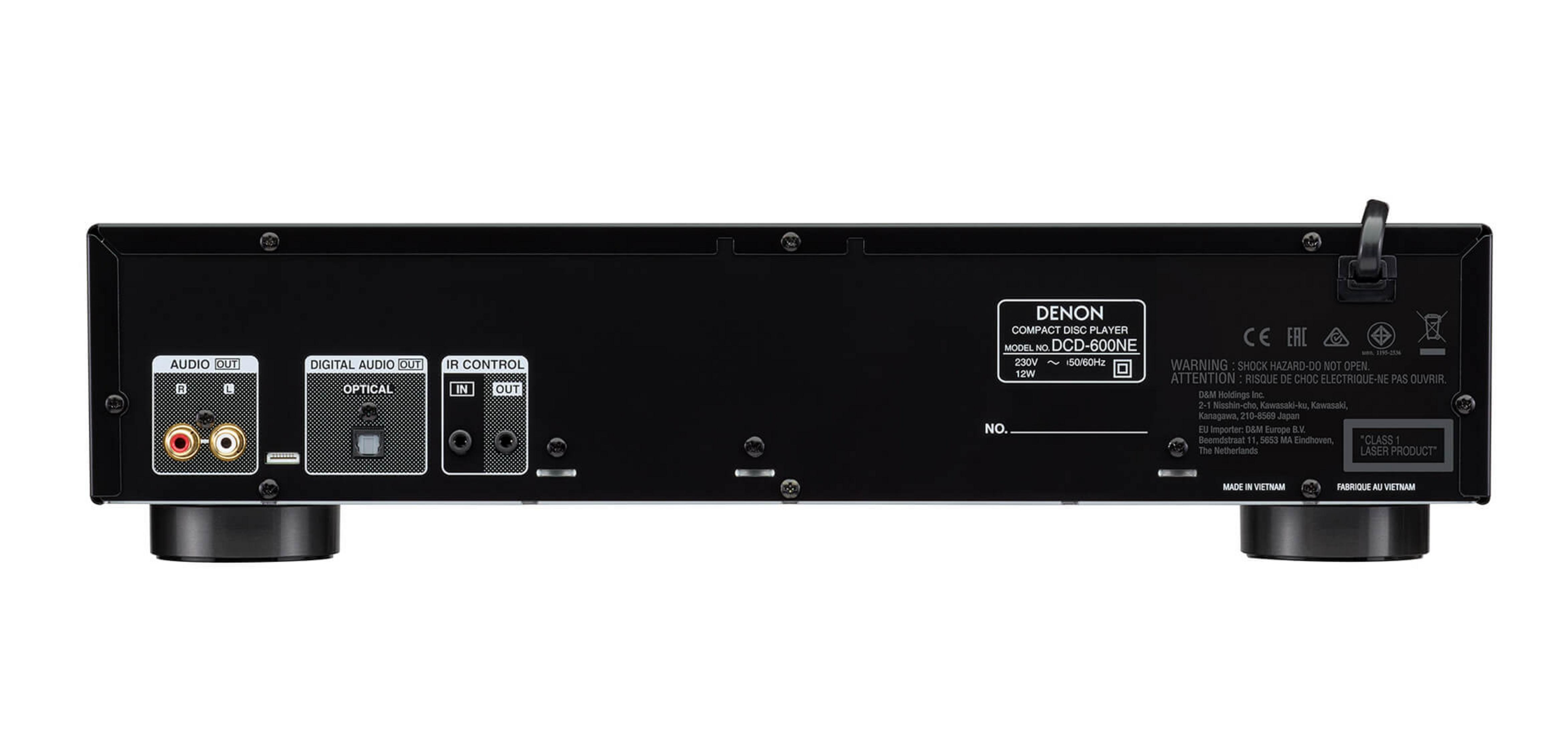 Rückseite eines schwarzen Denon-CD-Players. Das Gerät hat Audio- und digitale Audioanschlüsse.
