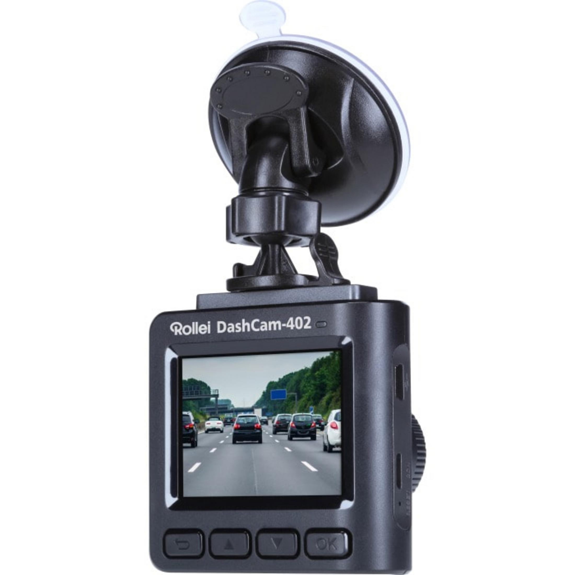 Schwarze Dashcam auf Windschutzscheibe montiert, zeigt die Straße.