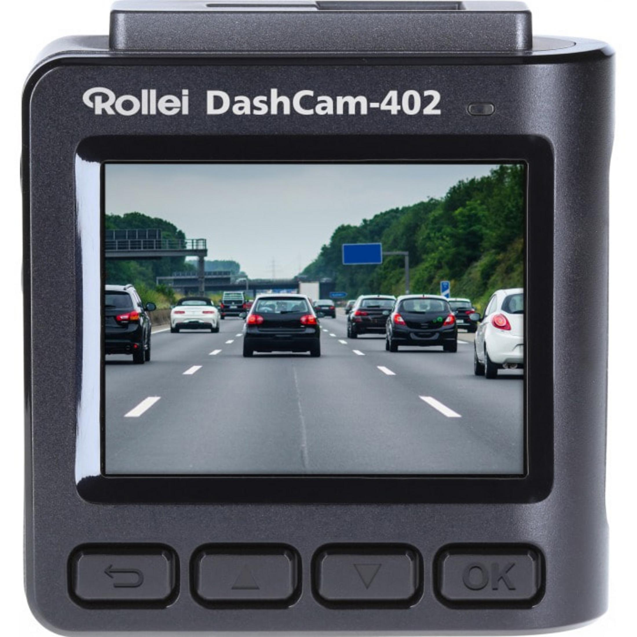 Rollei DashCam-402-Gerät, das eine Straßenansicht mit Autos anzeigt. Das Gerät hat Knöpfe.