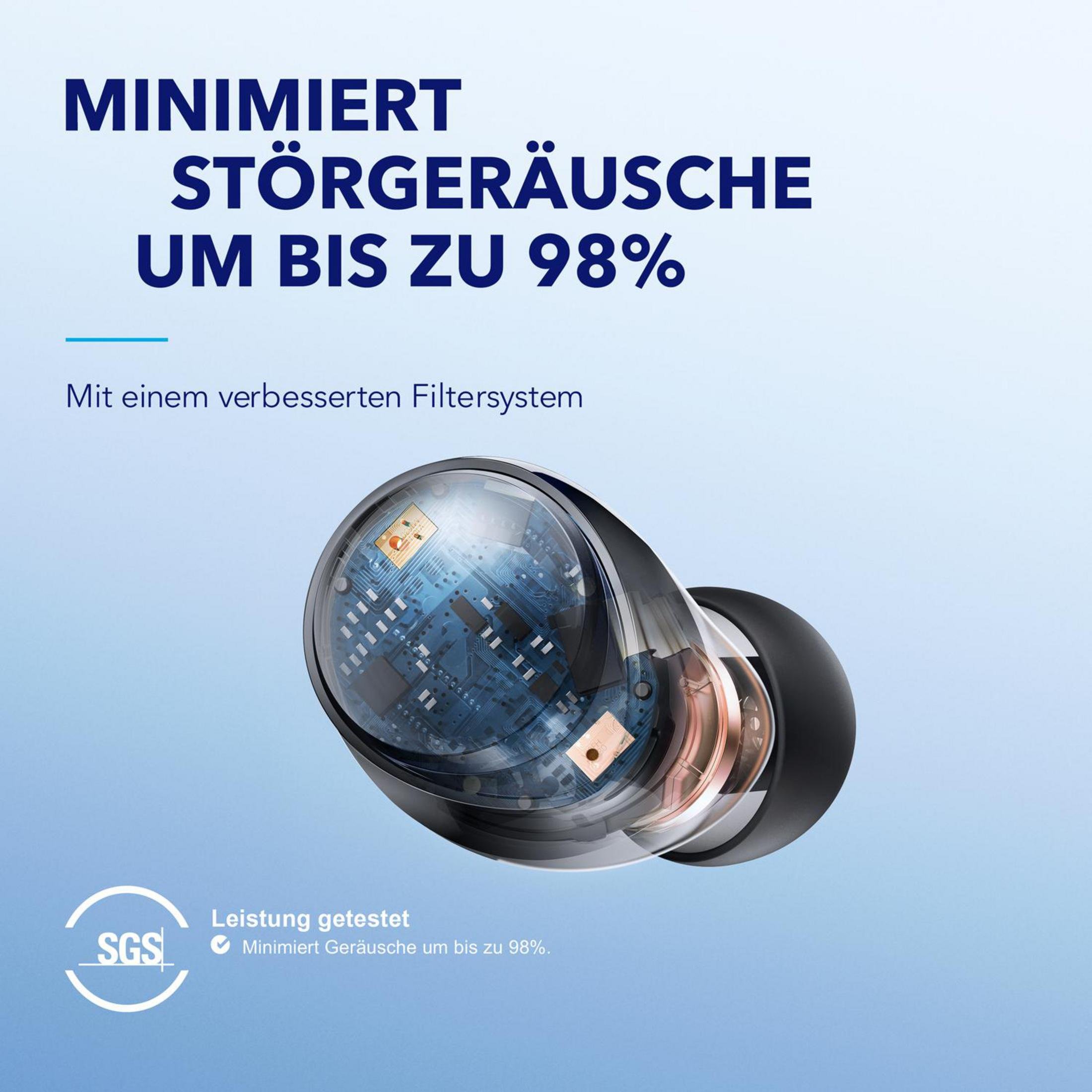 Ohrhörer mit klarer Abdeckung, die interne Komponenten zeigen. Text weist auf Geräuschreduzierung und verbesserten Filter hin.