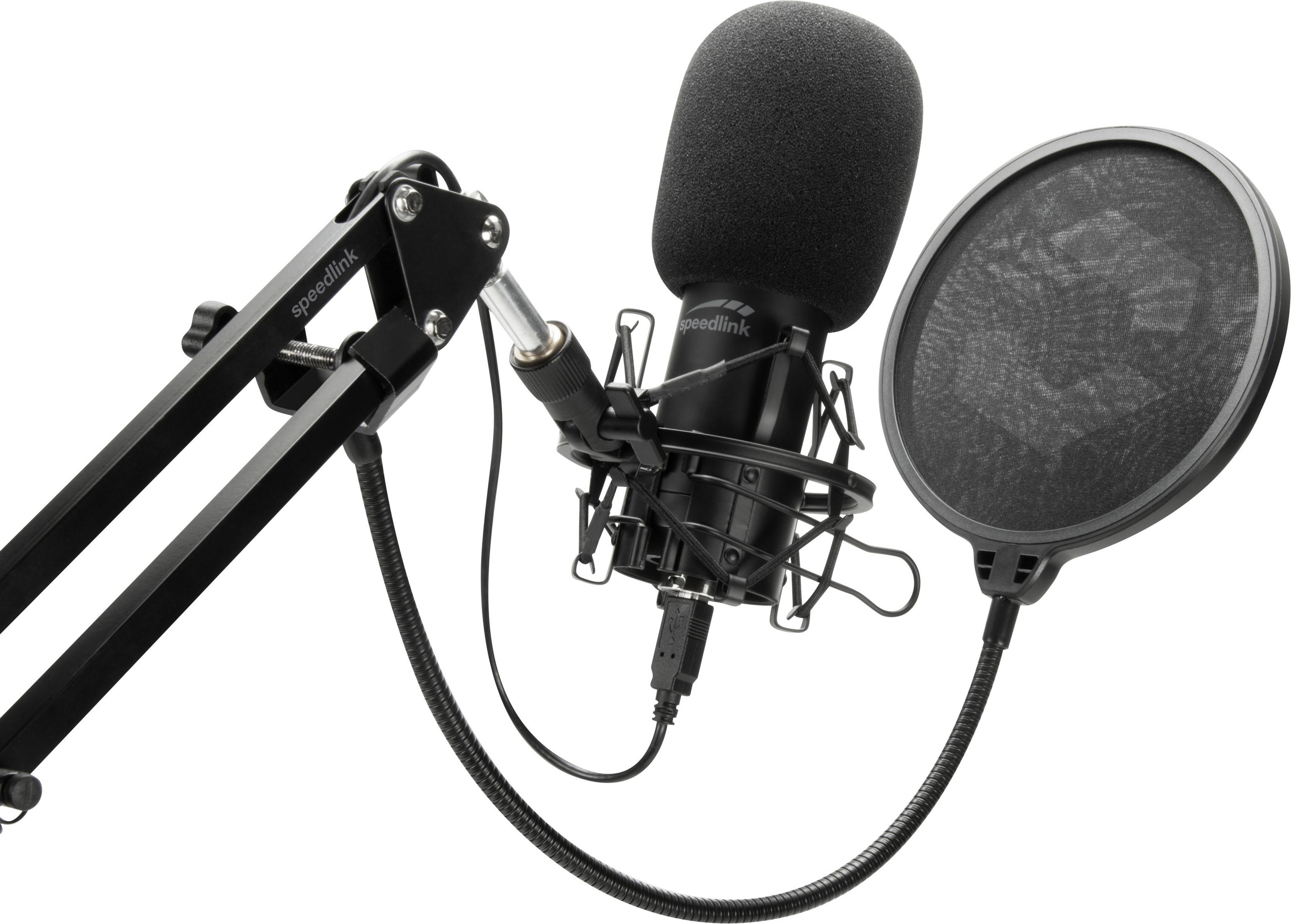 Mikrofon mit Pop-Filter, Mikrofonarm und Ständer. Schwarze Farbe.