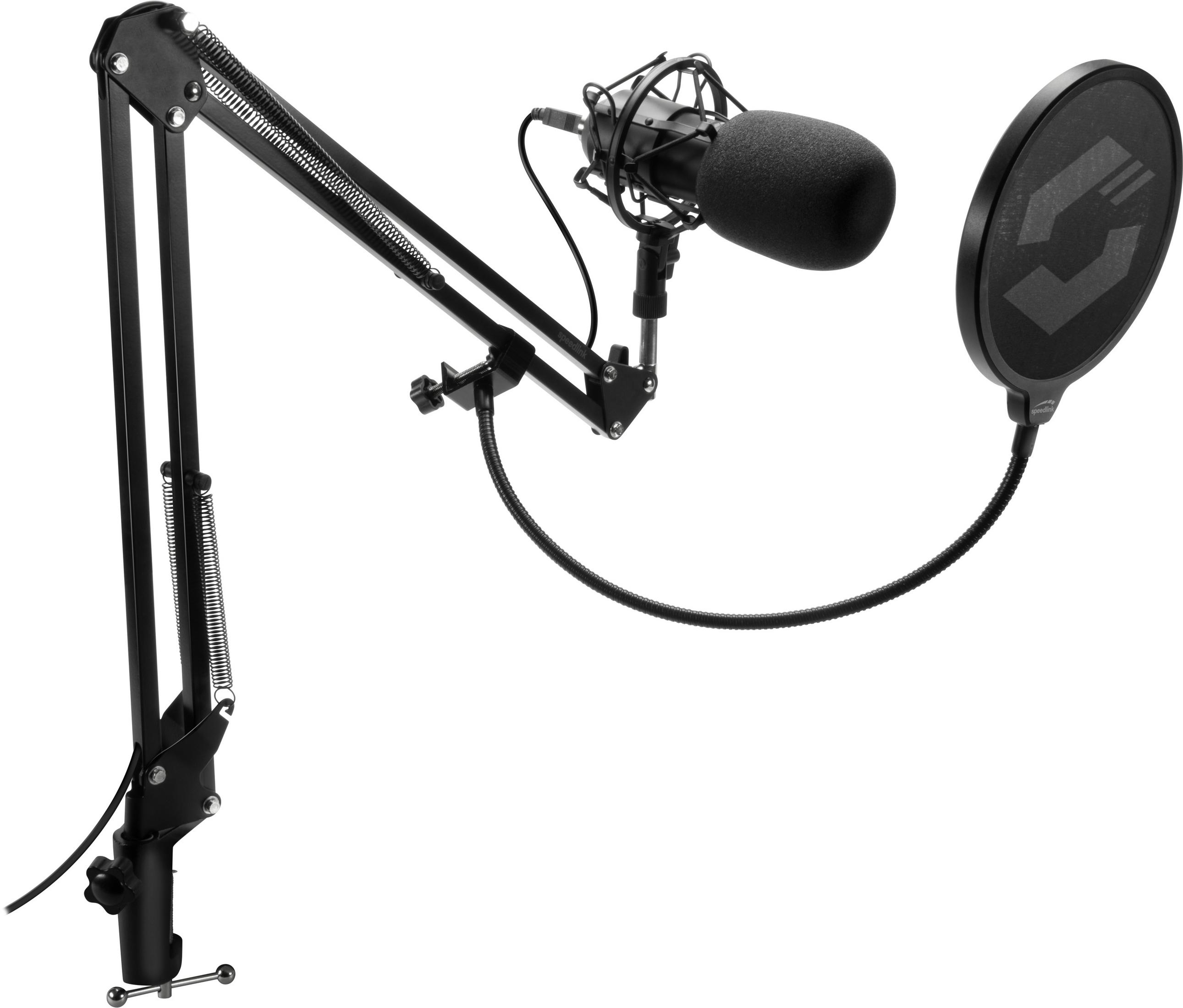 Ein schwarzes Mikrofon mit Pop-Filter und Ständer auf weißem Hintergrund. Es ist ein Aufnahme-Setup.