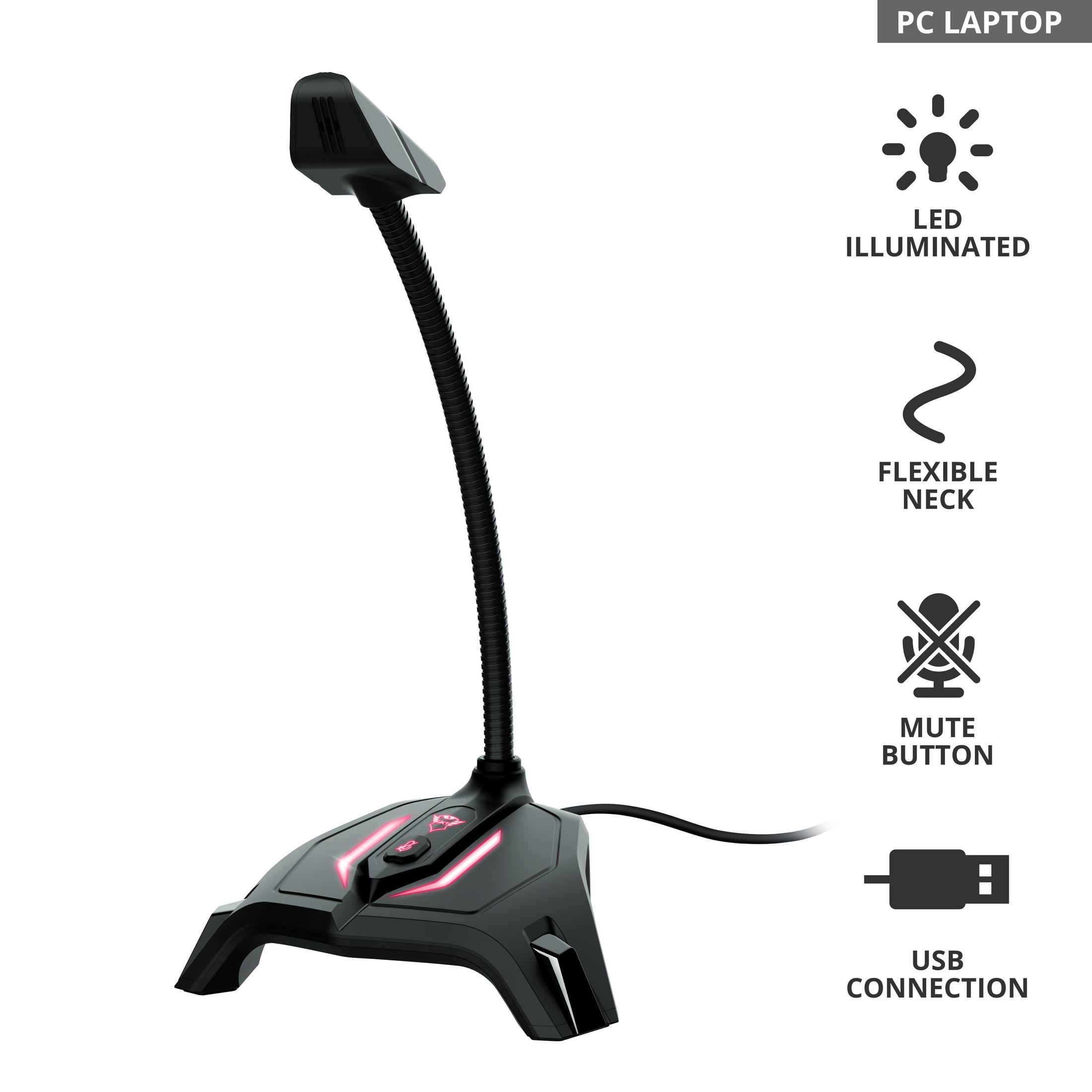 Czarny mikrofon na statywie z LED, przyciskiem wyciszania i USB.