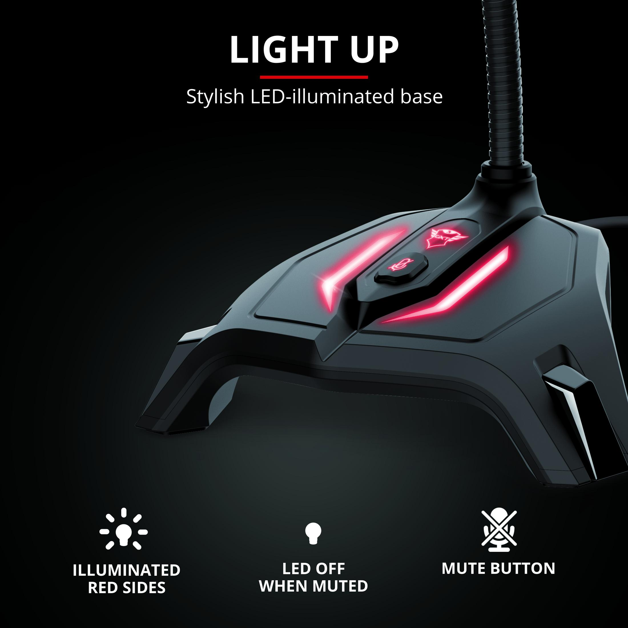 Czarna podstawa mikrofonu z czerwonymi światłami, podświetlanymi bokami i przyciskiem wyciszania.