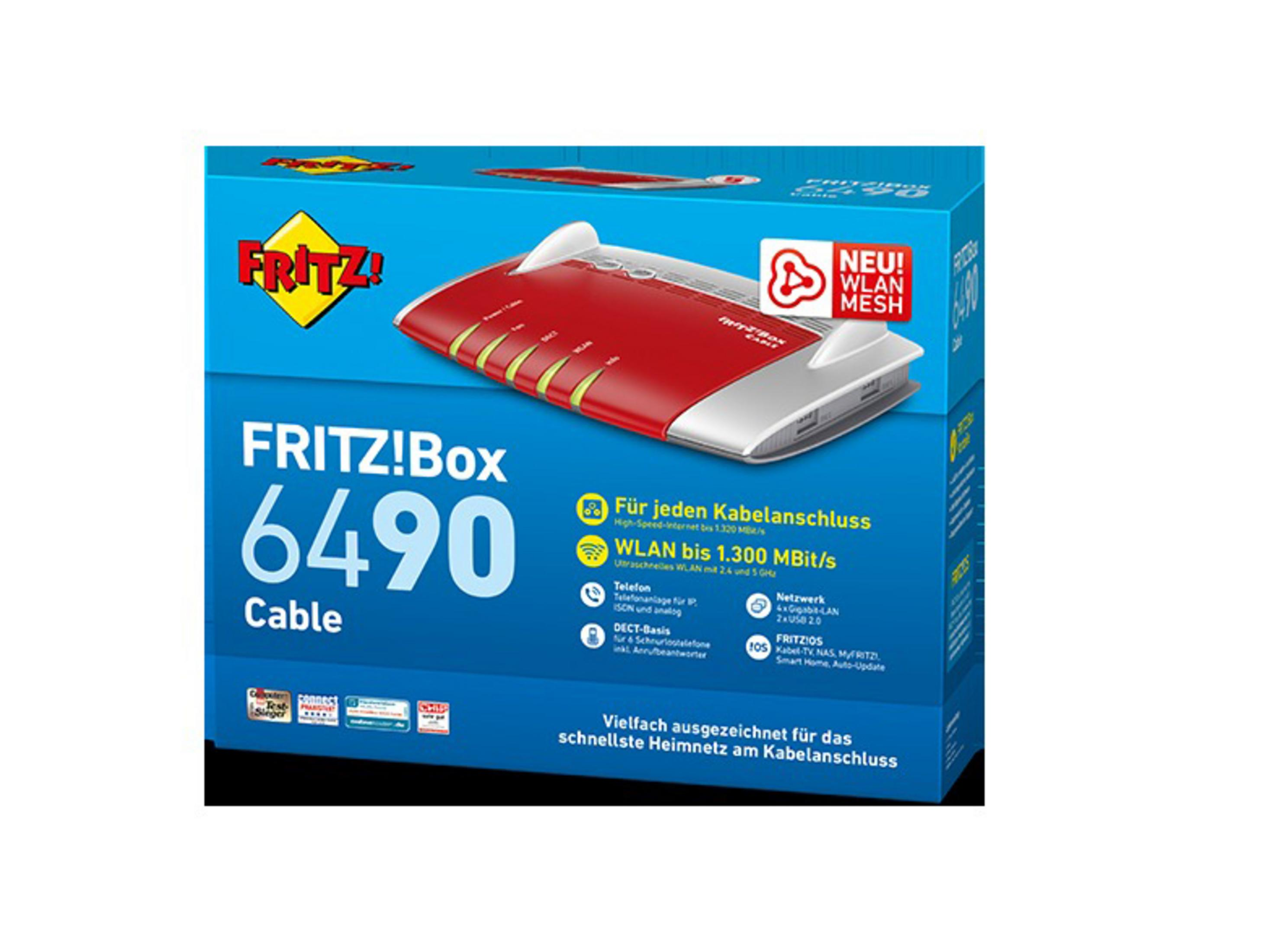 Blau-rote FRITZ!Box 6490 Cable Router-Box mit Text und Bildern. Weißer Hintergrund.