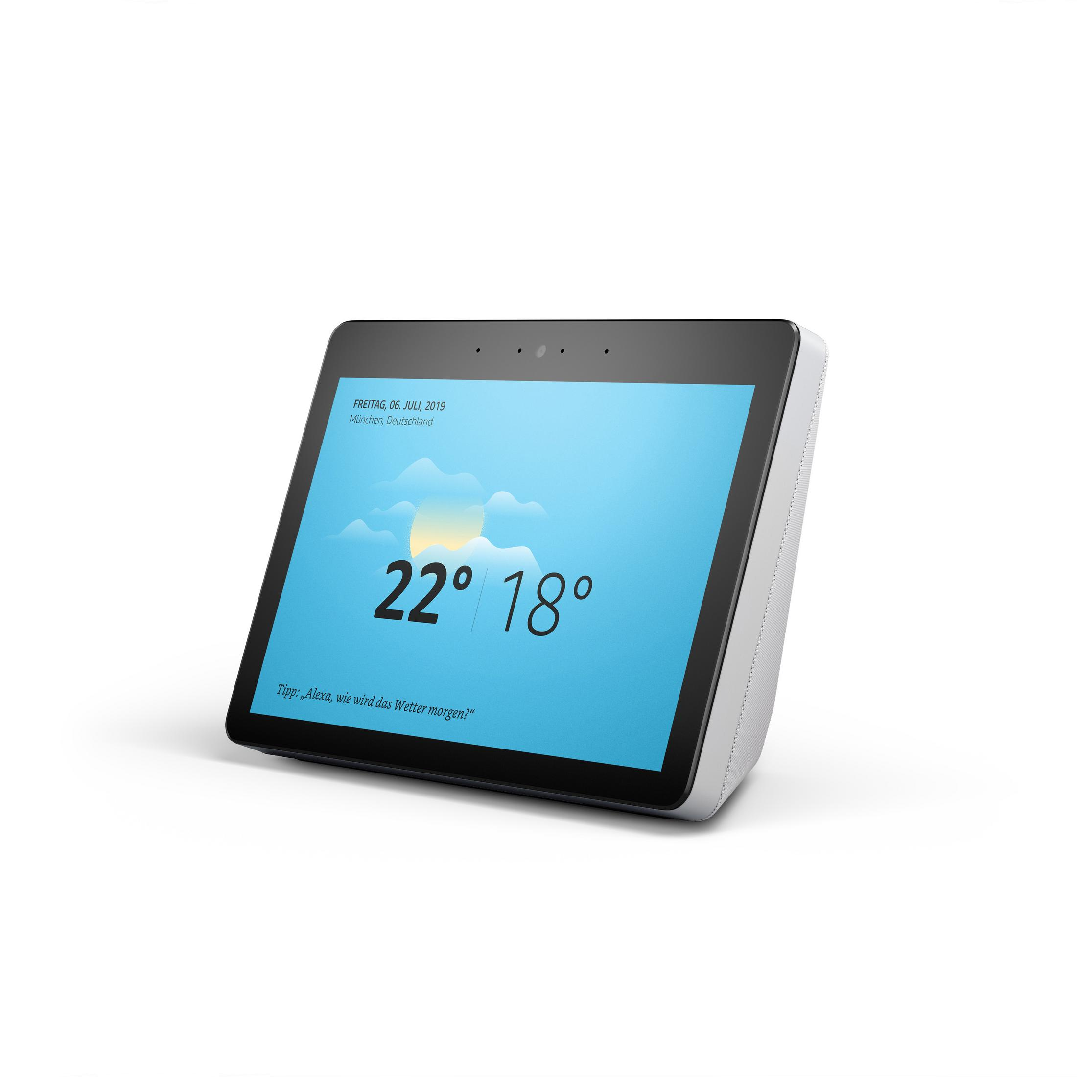 Weißes Smart Home Display mit Wetter, Datum und Temperatur.