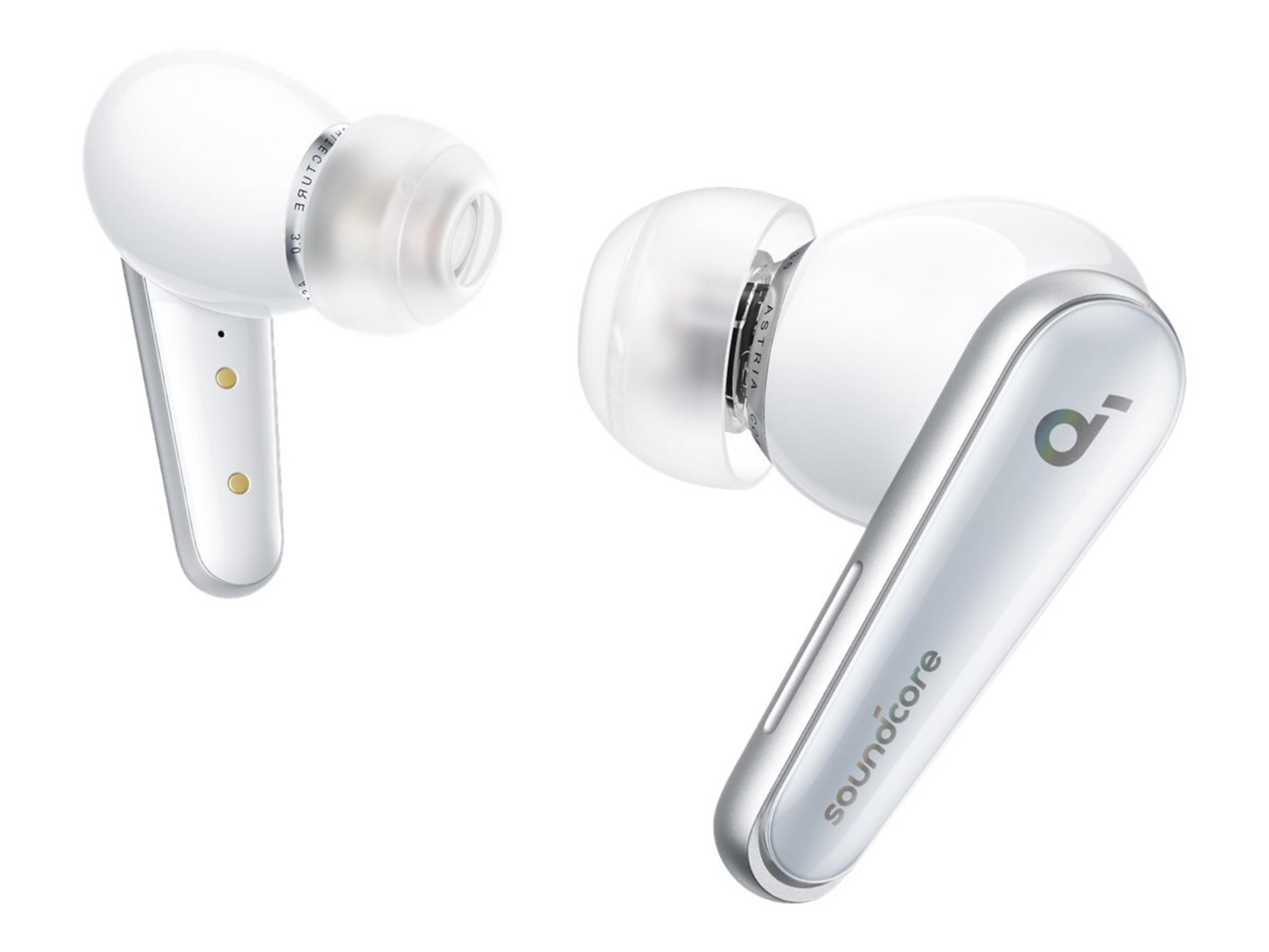 Auricolari wireless bianchi e argento. Un auricolare mostra l'interno. L'altro mostra l'esterno.