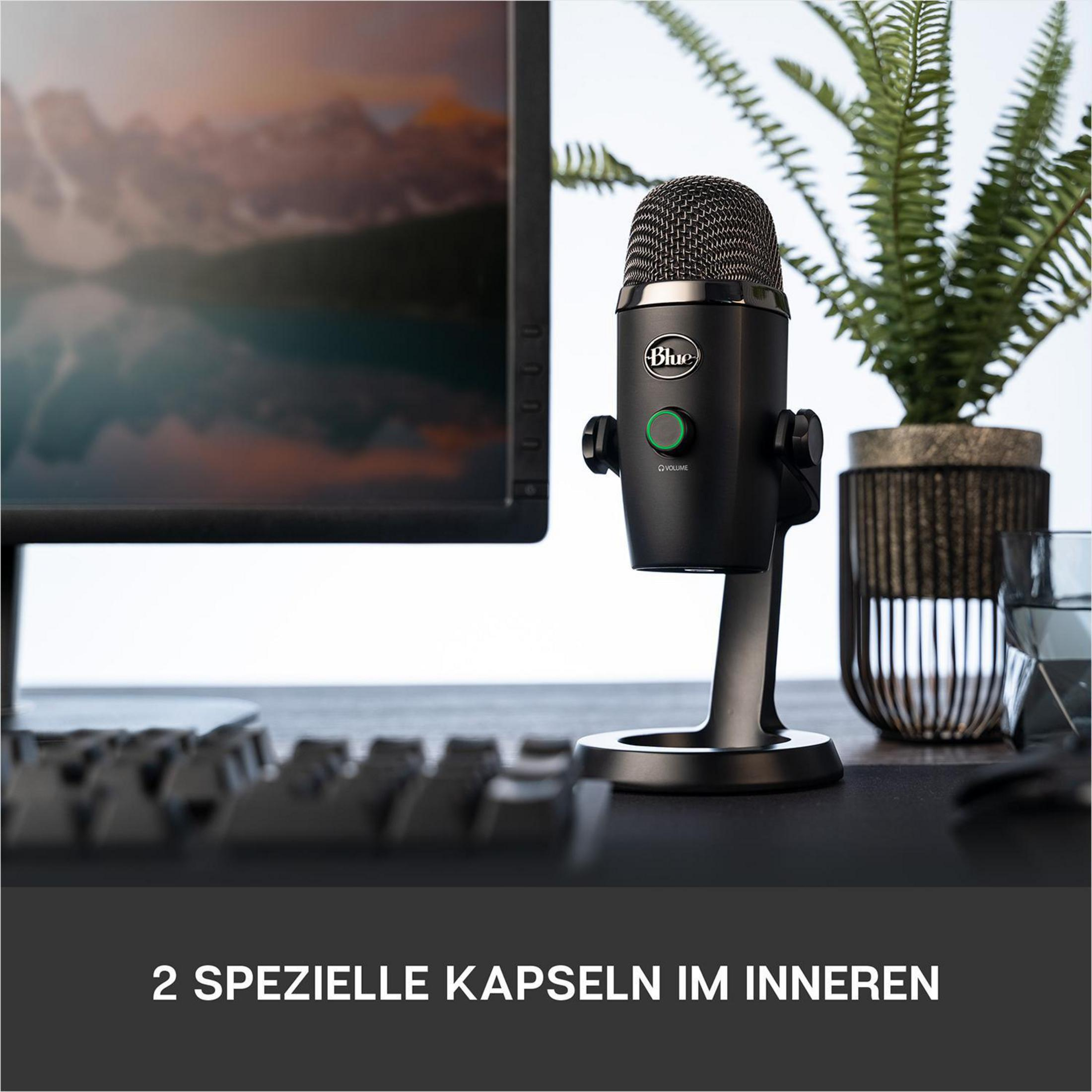 Schwarzes Mikrofon auf einem Ständer, vor einem Schreibtisch. Ein Monitor und eine Pflanze sind im Hintergrund.