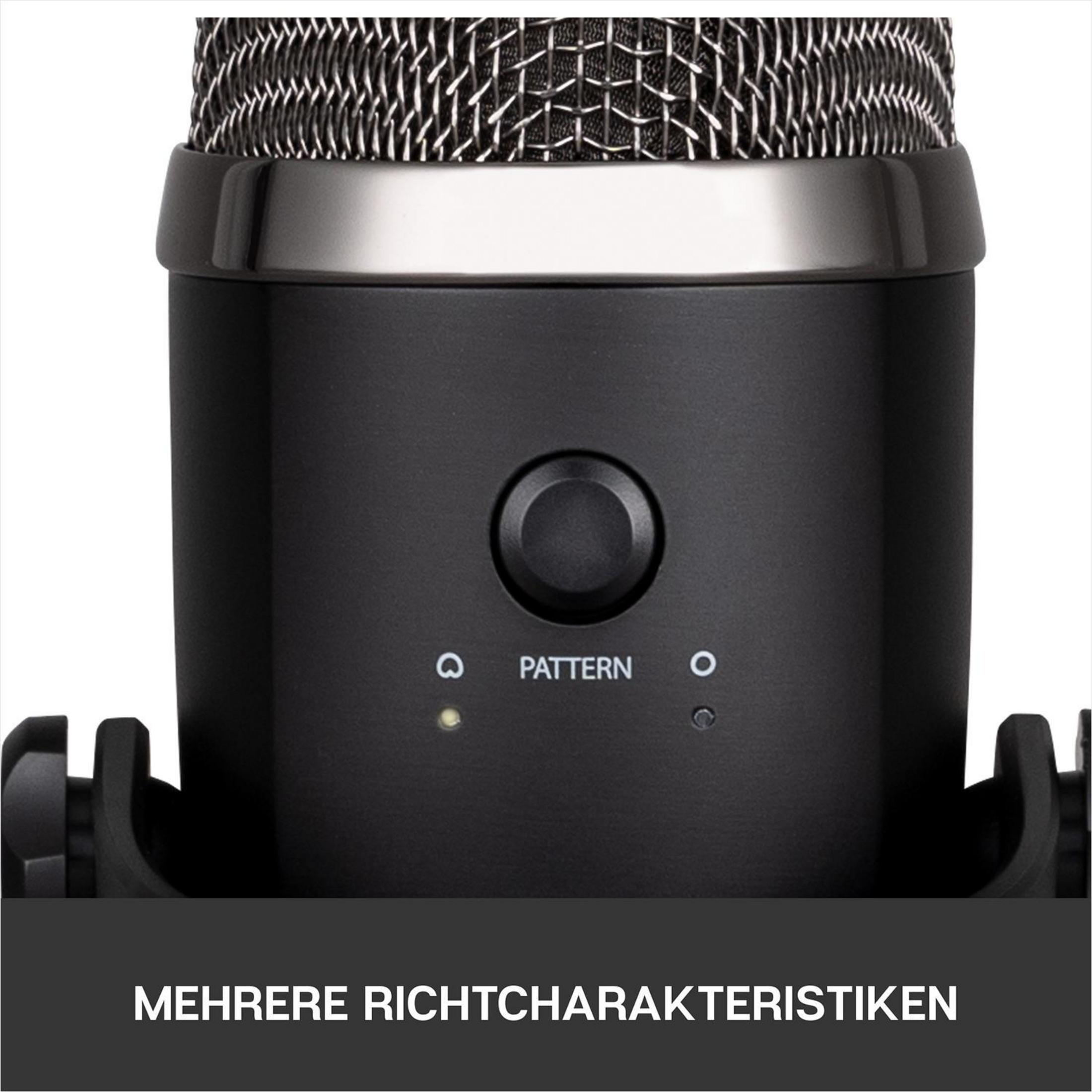 Nahaufnahme eines schwarzen Mikrofons. Es hat eine Metallgitteroberseite und einen Steuerungsknopf.