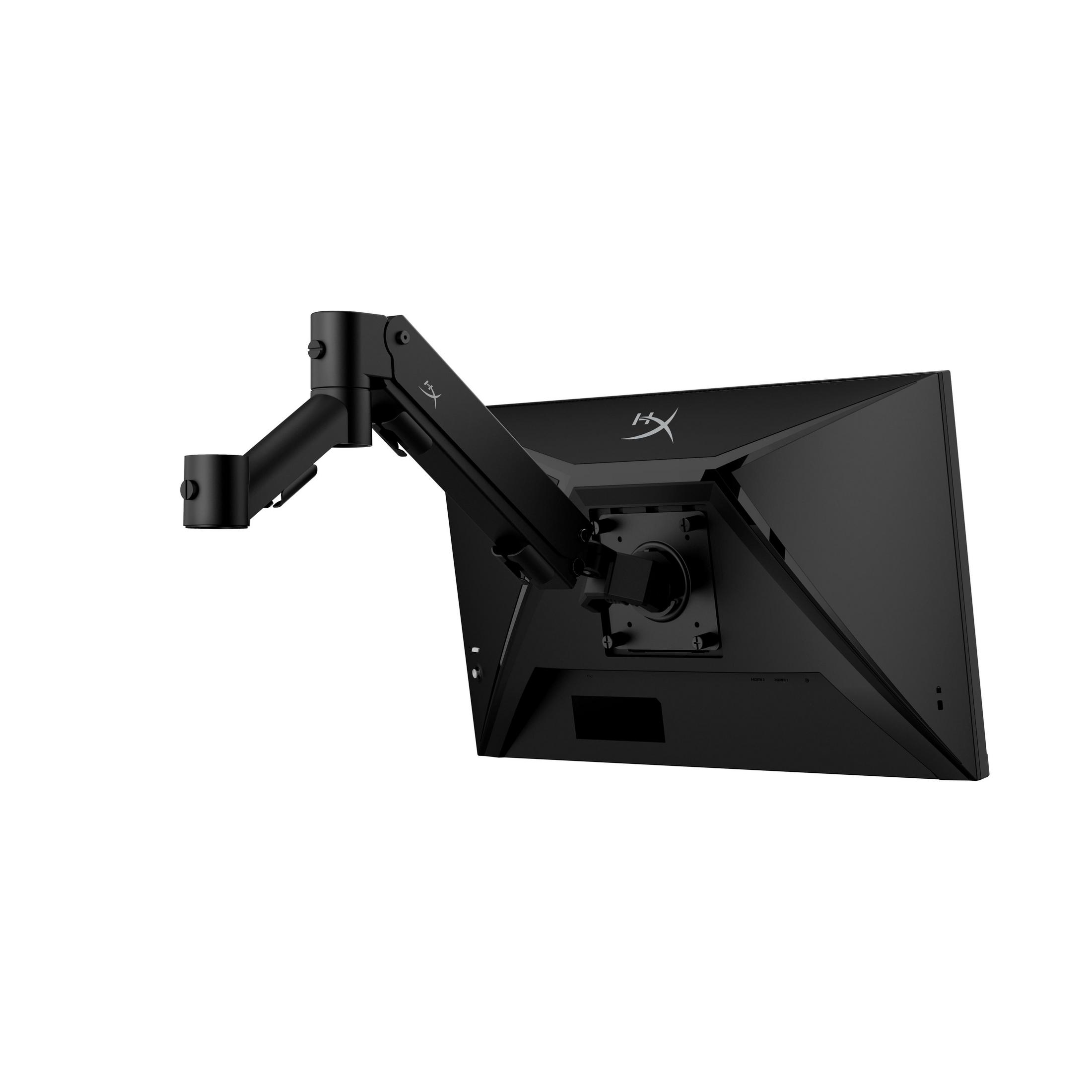Moniteur noir avec un bras noir. Le moniteur est monté sur un bras noir.