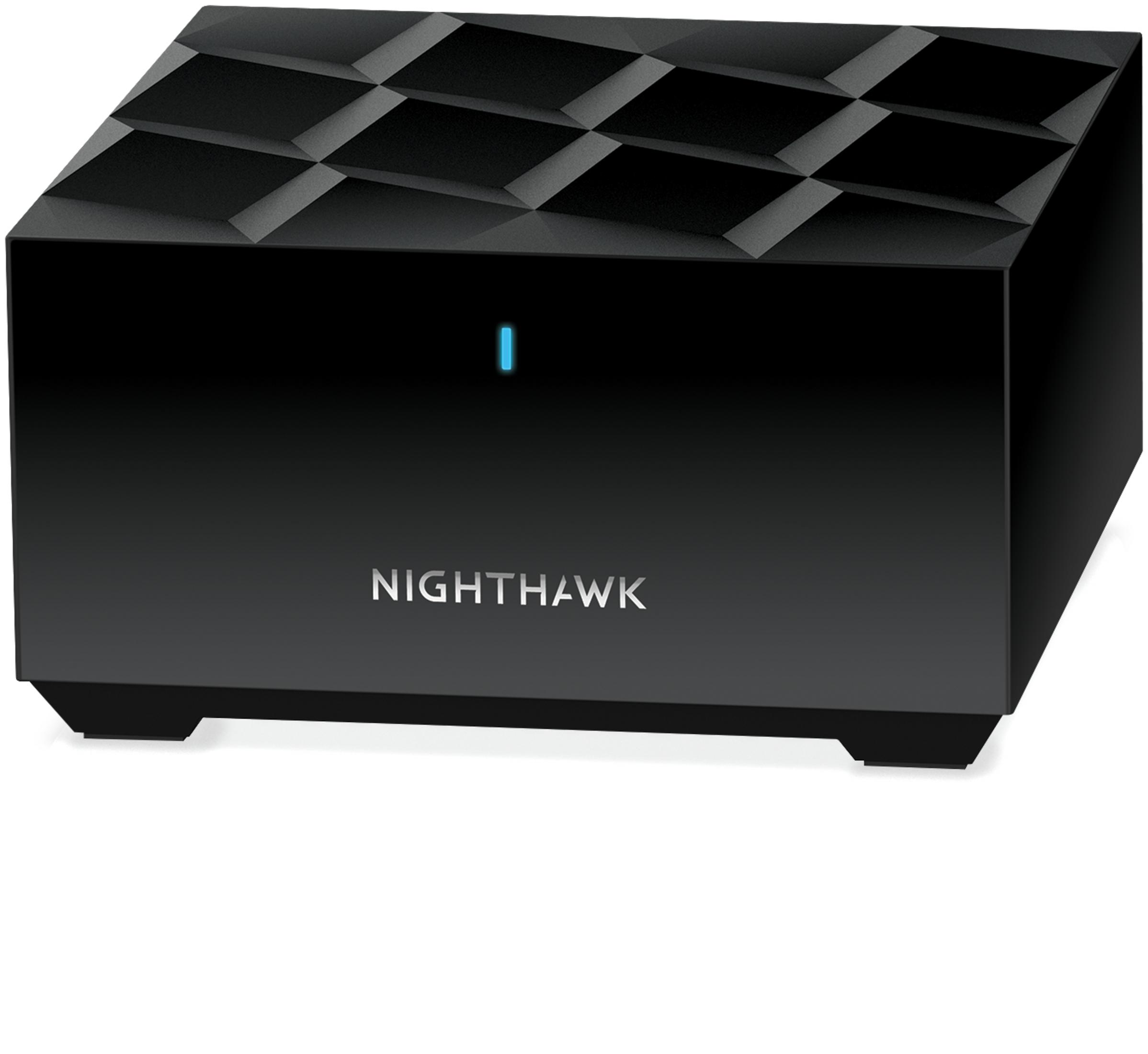 Router Night Hawk nero. Ha una luce blu e il nome del marchio su di esso.