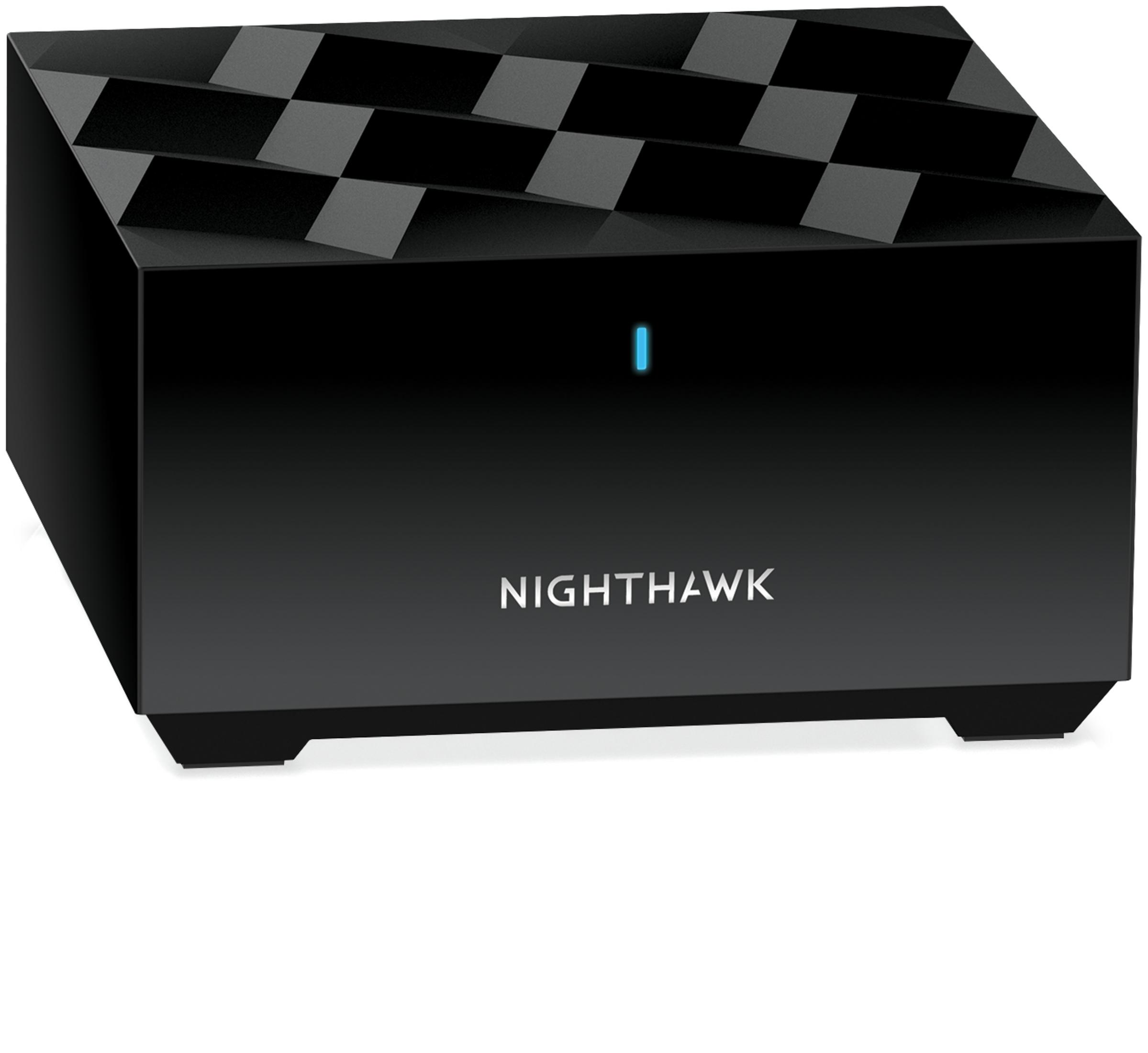 Router nero con luce. Testo bianco: NIGHTHAWK. Isolato su sfondo bianco.