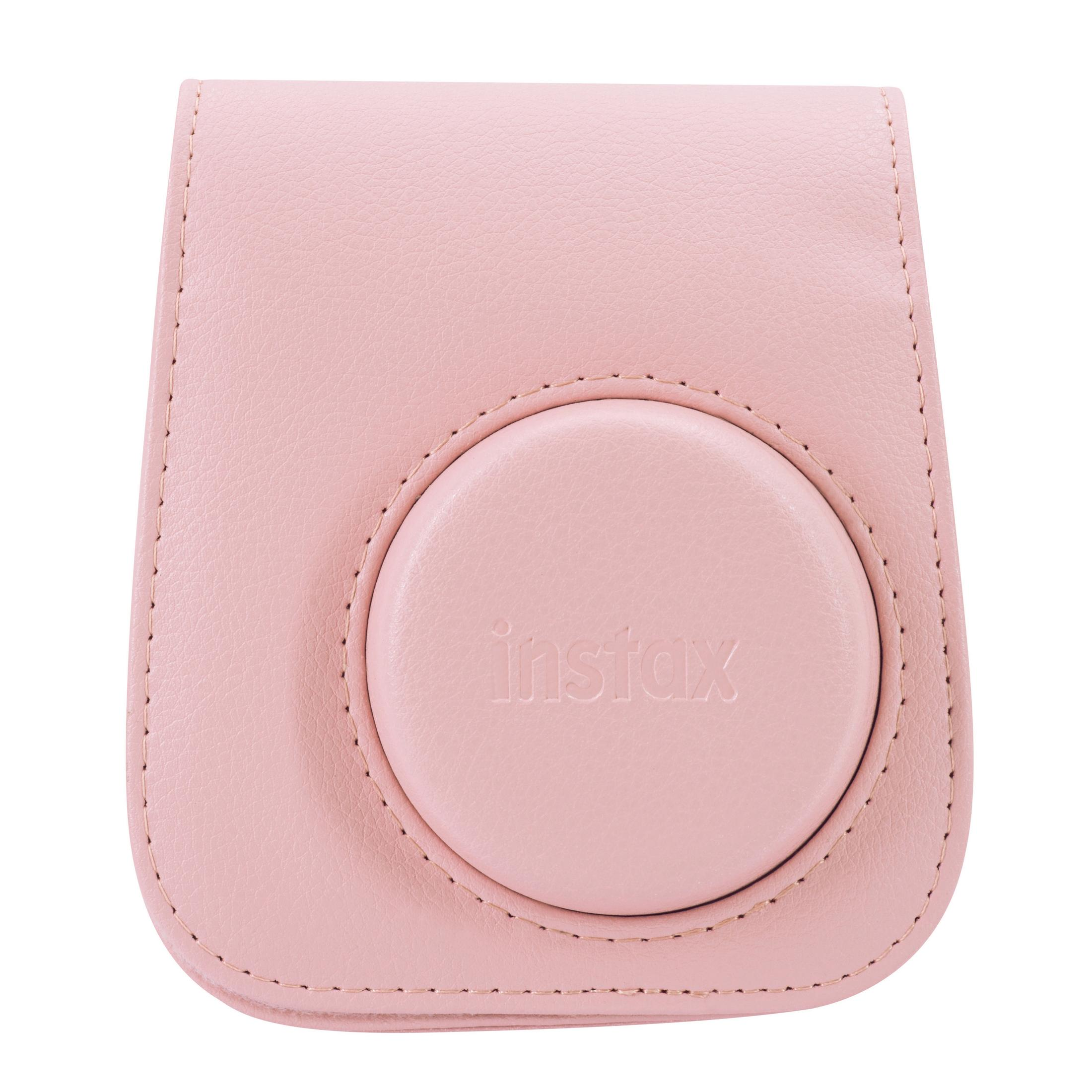Een roze Instax camerahoes. Hij is gesloten en heeft de merknaam op de voorkant.