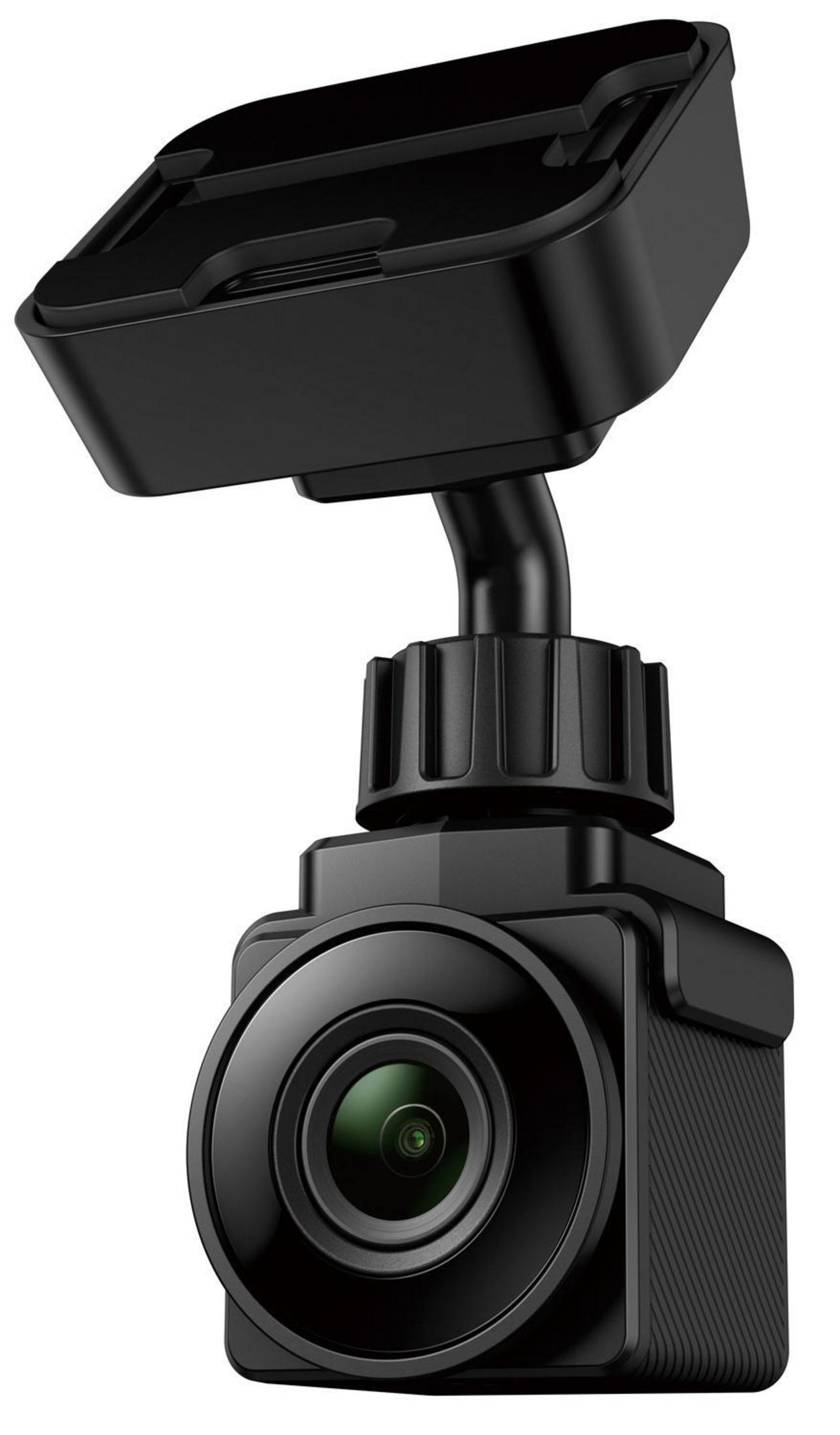 Eine schwarze Dashcam mit Bildschirm und verstellbarer Halterung. Das Kameraobjektiv befindet sich unten mittig.