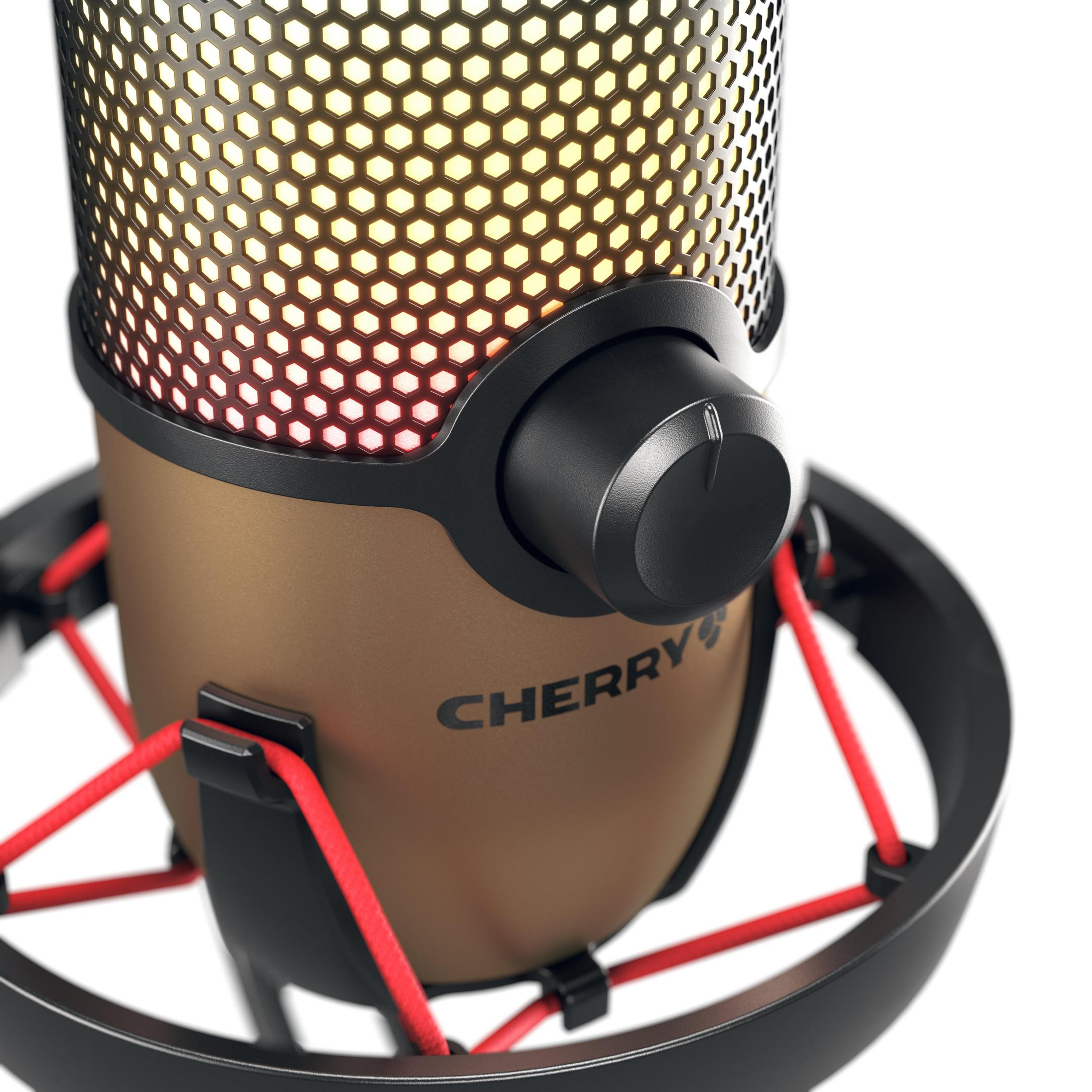 A close-up of a microphone with a mesh screen and a volume knob.